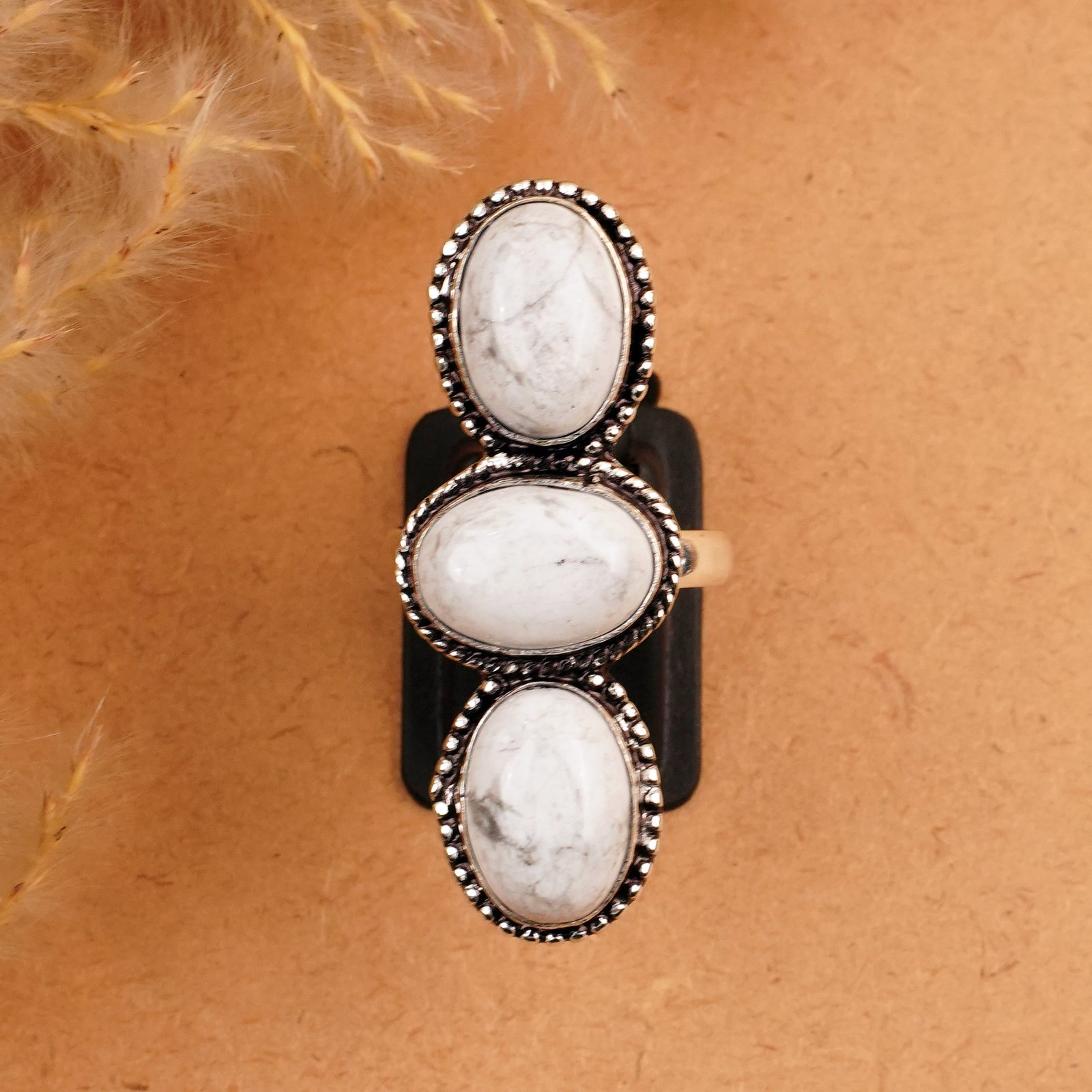 Natural Howlite Silver Plated Handmade Ring - 9MM: Product ID: 260410162120 Product - Handmade Silver Plated Ring Metal - 92.5 Sterling Silver Plated Ring Size - 9MM Gemstone - Howlite Gemstone Origin - Canada Gemstone Size - 10X14 MM ( 3 Stone ) Gems