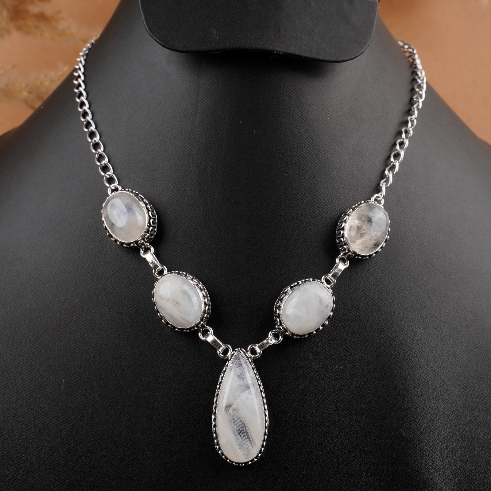 Natural Rainbow Moonstone Silver Plated Handmade Choker Necklace: Product ID: 260409125927 Product - Handmade Silver Plated Necklace Metal - 92.5 Sterling Silver Plated Necklace Length - 18 Inch Gemstone - Rainbow Moonstone Gemstone Size - 12X16 MM ( 4 Stone) 24x16 