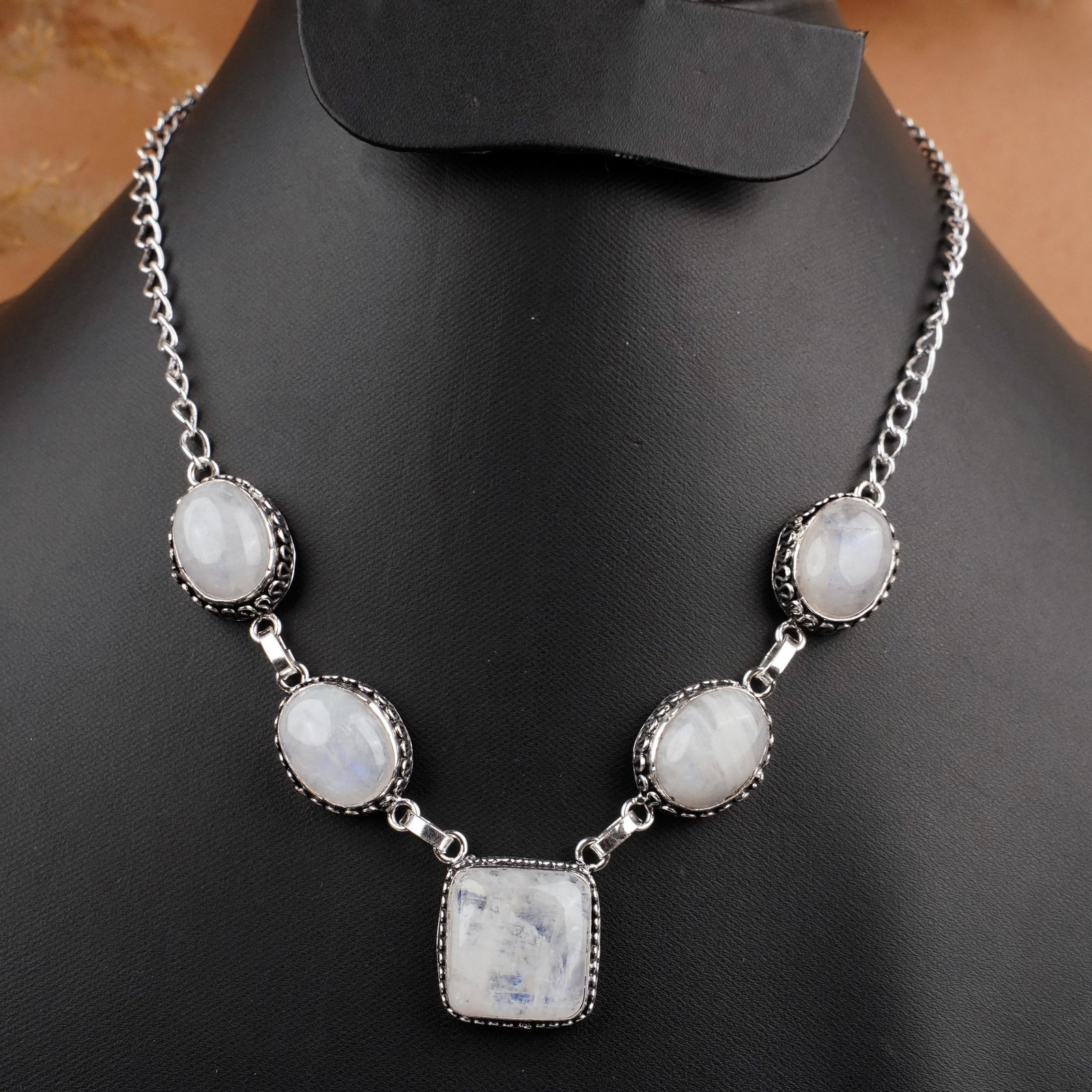 Natural Rainbow Moonstone Silver Plated Handmade Necklace: Product ID: 260409105748 Product - Handmade Silver Plated Necklace Metal - 92.5 Sterling Silver Plated Necklace Length - 18 Inch Gemstone - Rainbow Moonstone Gemstone Size - 12X16 MM ( 4 Stone) 15x15 