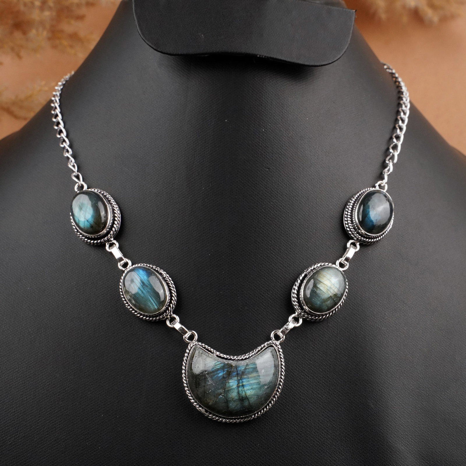 Natural Labradorite Silver Plated Handmade Moon Necklace: Product ID: 260409105437 Product - Handmade Silver Plated Necklace Metal - 92.5 Sterling Silver Plated Necklace Length - 18 Inch Gemstone - Labradorite Gemstone Size - 12X16 MM (4 Stone), 20X18 MM (1 