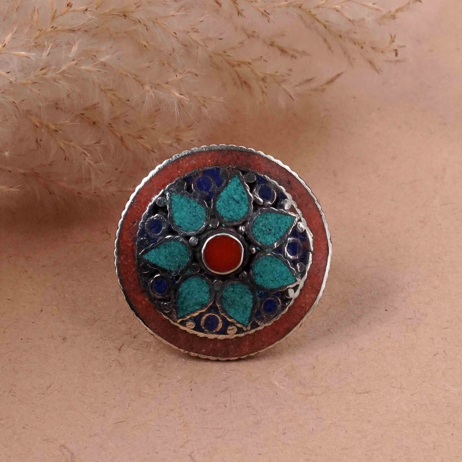 Tibetan Natural Turquoise & Coral Handmade Ring - Free Size: Product ID: 260417121142 Product - Tibetan Handmade Ethnic Ring Ring Size - Free Size Ring Weight - 19 Gram Gemstone - Natural Turquoise & Coral & Lapis Metal - Brass & Copper mix Metal Origin - Nepal