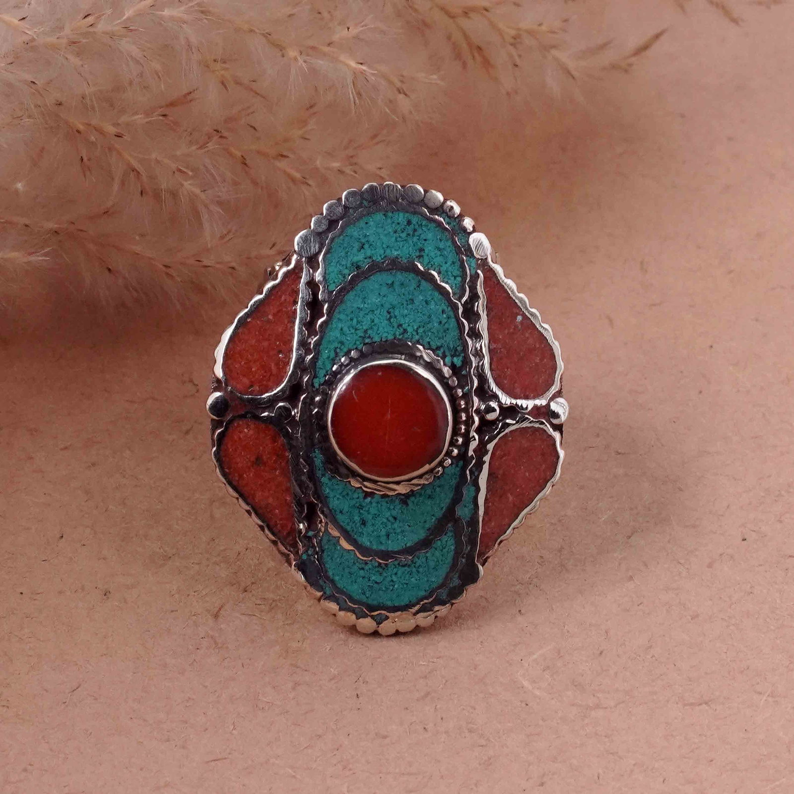Tibetan Natural Turquoise & Coral Handmade Ring - Free Size: Product ID: 260417121048 Product - Tibetan Handmade Ethnic Ring Ring Size - Free Size Ring Weight - 17 Gram Gemstone - Natural Turquoise & Coral & Lapis Metal - Brass & Copper mix Metal Origin - Nepal