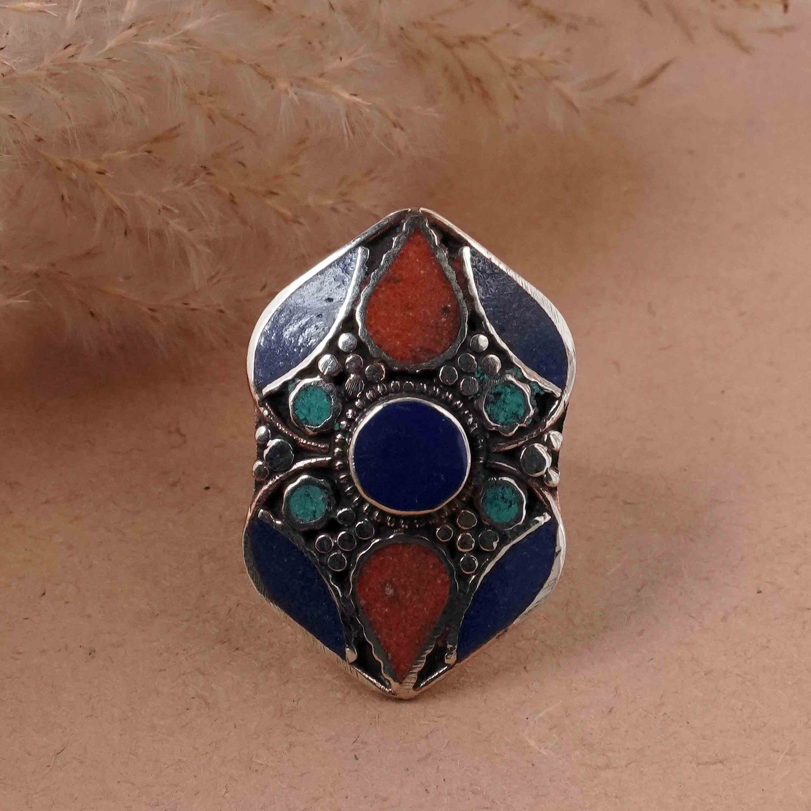 Tibetan Natural Turquoise & Coral Handmade Ring - Free Size: Product ID: 260417120956 Product - Tibetan Handmade Ethnic Ring Ring Size - Free Size Ring Weight - 17 Gram Gemstone - Natural Turquoise & Coral & Lapis Metal - Brass & Copper mix Metal Origin - Nepal