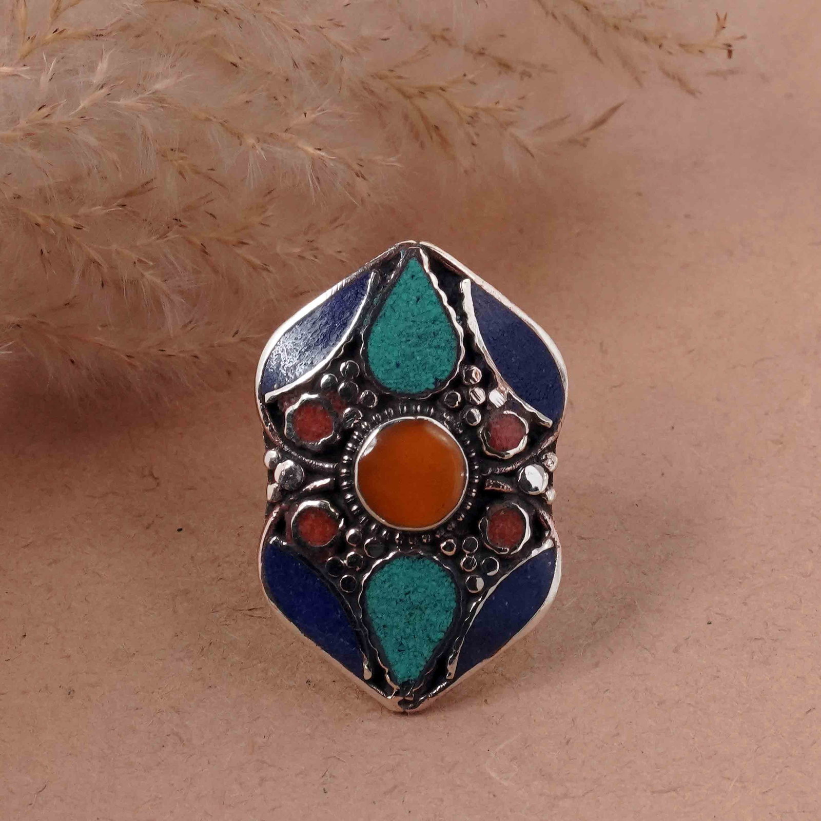 Tibetan Natural Turquoise & Coral Handmade Ring - Free Size: Product ID: 260417120918 Product - Tibetan Handmade Ethnic Ring Ring Size - Free Size Ring Weight - 16 Gram Gemstone - Natural Turquoise & Coral & Copal & Lapis Metal - Brass & Copper mix Metal Origin