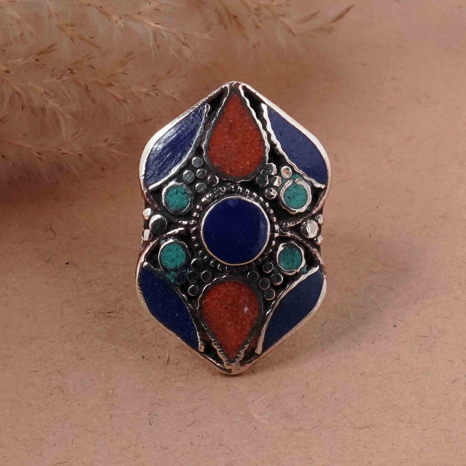 Tibetan Turquoise & Coral Handmade Ethnic Ring - Free Size: Product ID: 260417120843 Product - Tibetan Handmade Ethnic Ring Ring Size - Free Size Ring Weight - 17 Gram Gemstone - Natural Turquoise & Coral & Lapis Metal - Brass & Copper mix Metal Origin - Nepal