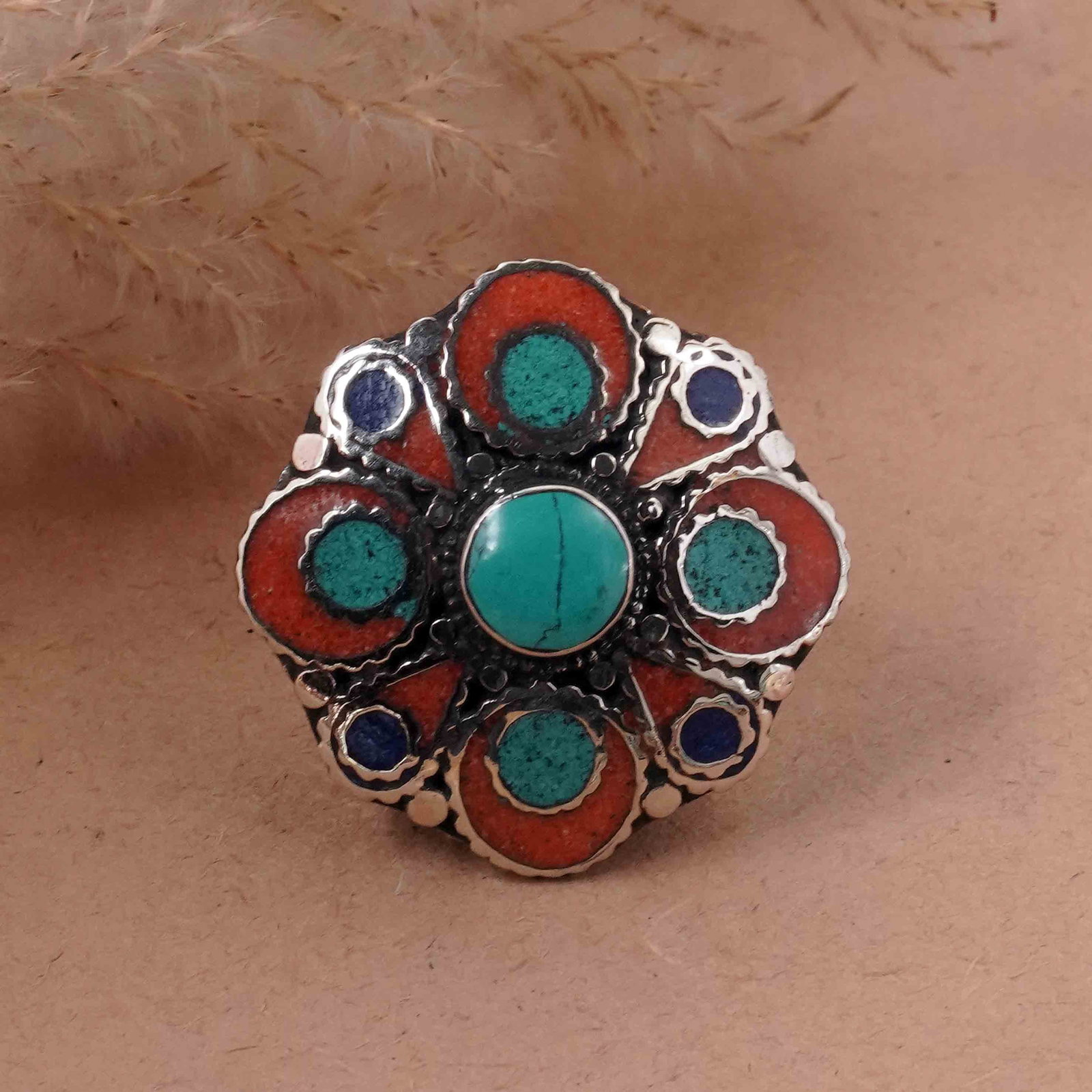 Tibetan Turquoise & Coral Handmade Ethnic Ring - Free Size (1 of 3)