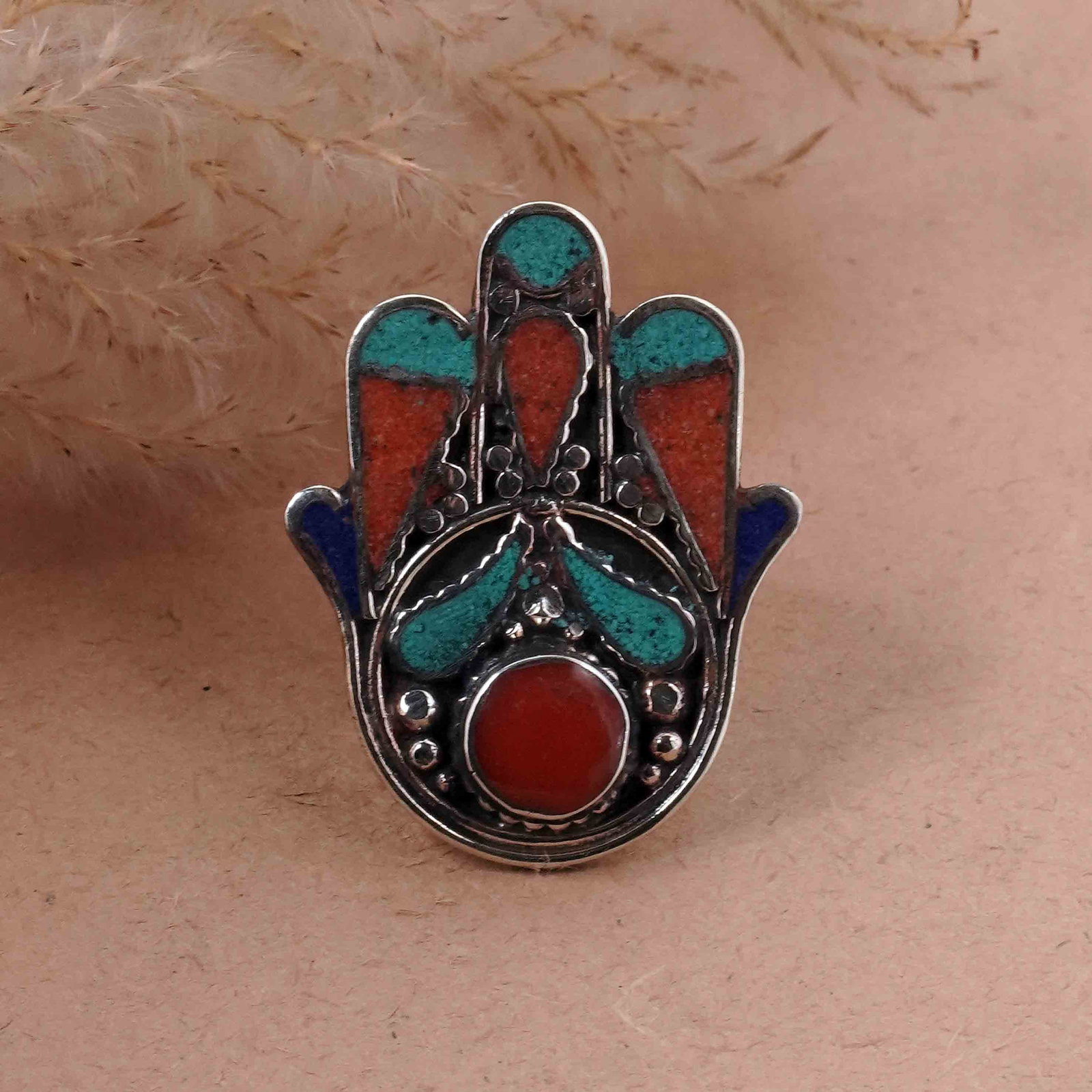Tibetan Turquoise & Coral Handmade Fatima Hand Ring - Free Size: Product ID: 260417120541 Product - Tibetan Handmade Ethnic Ring Ring Size - Free Size Ring Weight - 17 Gram Gemstone - Natural Turquoise & Coral & Lapis Metal - Brass & Copper mix Metal Origin - Nepal