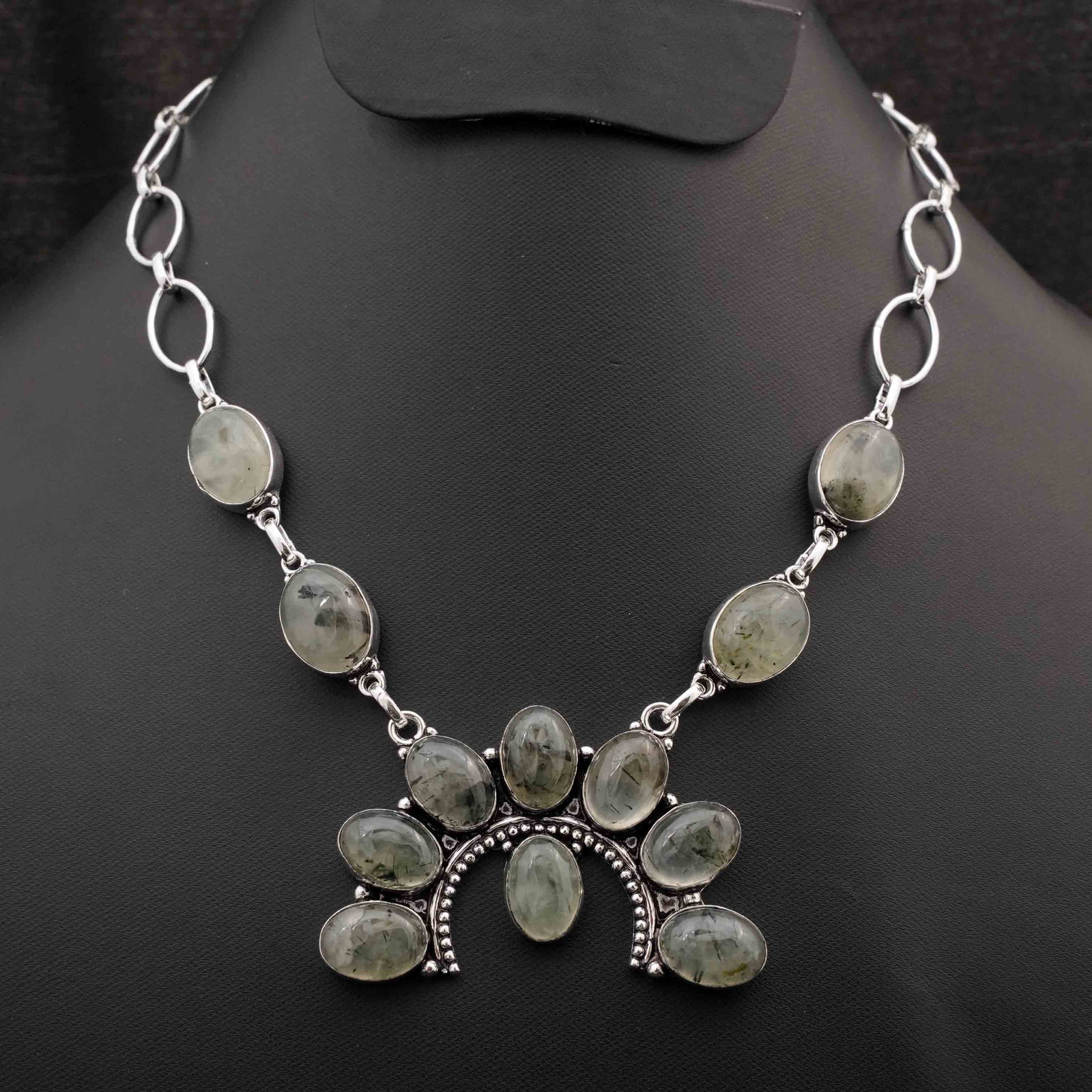 Natural Prehnite Silver Plated Handmade Choker Necklace: Product ID: 260416180034 Product - Handmade Silver Plated Necklace Metal - 92.5 Sterling Silver Plated Necklace Length - 18 Inch Gemstone - Prehnite Gemstone Size - 10X14 MM ( 8 Stone ), 12X16 MM ( 4 