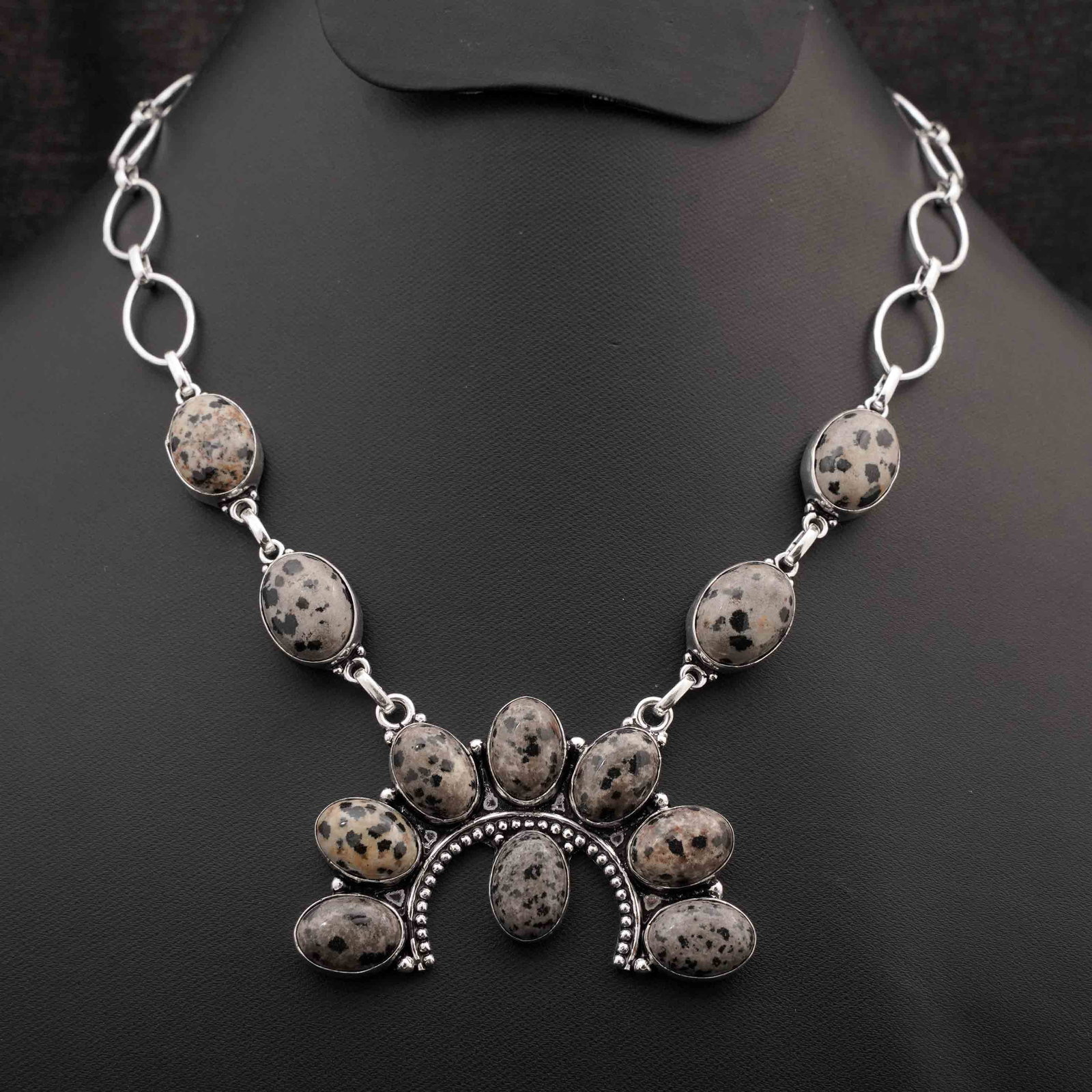 Natural Dalmatian Jasper Silver Plated Handmade Choker Necklace: Product ID: 260416175655 Product - Handmade Silver Plated Necklace Metal - 92.5 Sterling Silver Plated Necklace Length - 18 Inch Gemstone - Dalmatian Jasper Gemstone Size - 10X14 MM ( 8 Stone ), 12X16
