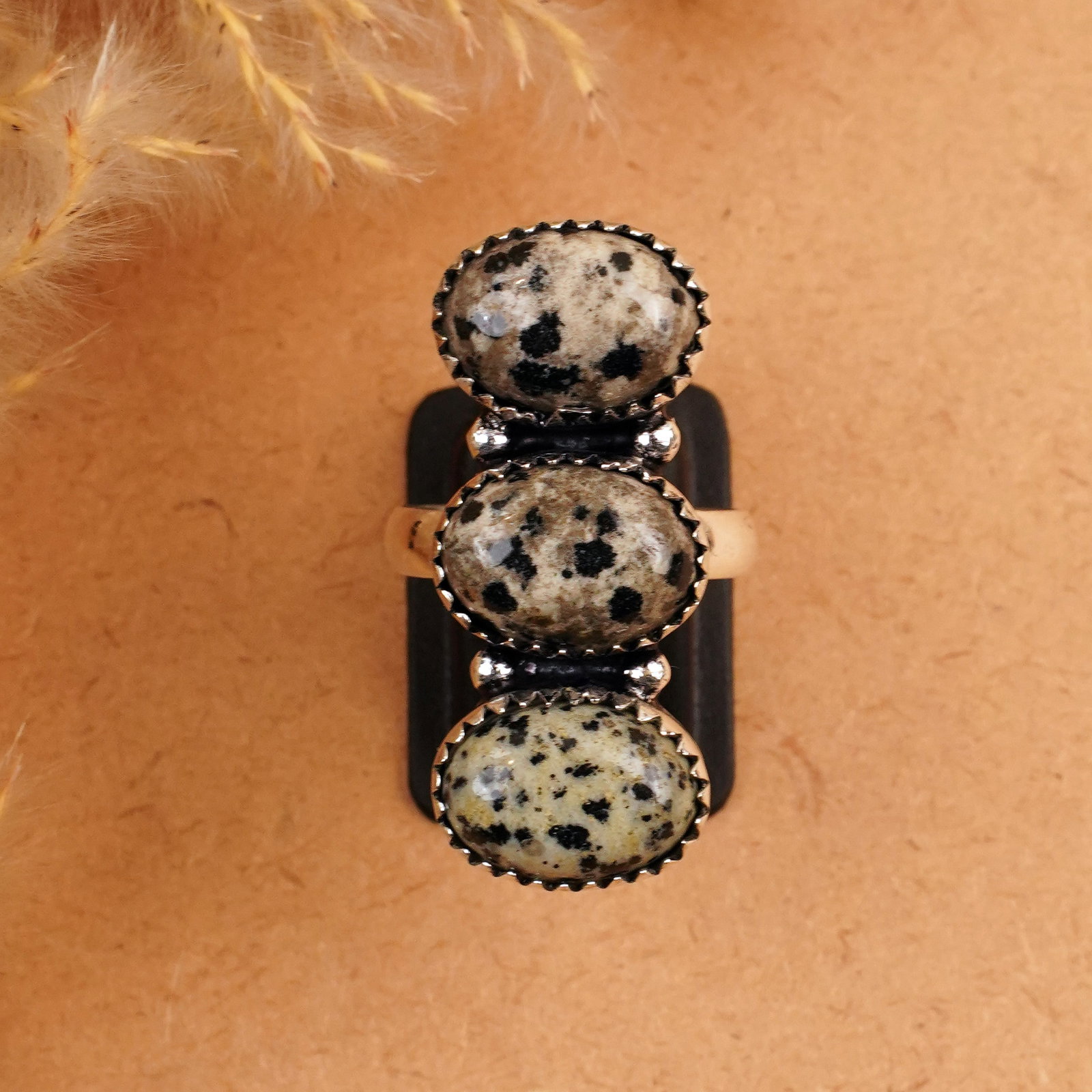 Natural Dalmatian Jasper Silver Plated Handmade Ring - 8.5MM: Product ID: 260410154925 Product - Handmade Silver Plated Ring Metal - 92.5 Sterling Silver Plated Ring Size - 8.5MM Gemstone - Dalmatian Gemstone Origin - Mexico Gemstone Size - 10X14 MM ( 3 Stone ) 