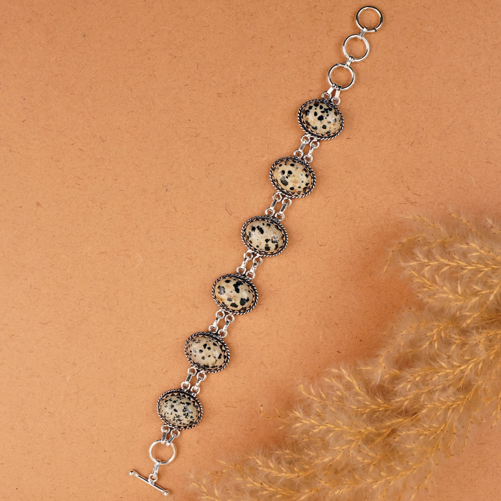 Natural Dalmatian Jasper Silver Plated Handmade Bracelet: Product ID: 260410140244 Product - Handmade Silver Plated Bracelet Metal - 92.5 Sterling Silver Plated Bracelet Length - 6 Inch + 2 Inch Gemstone - Dalmatian Gemstone Size -12X16 MM ( 6 Stone) Gemston