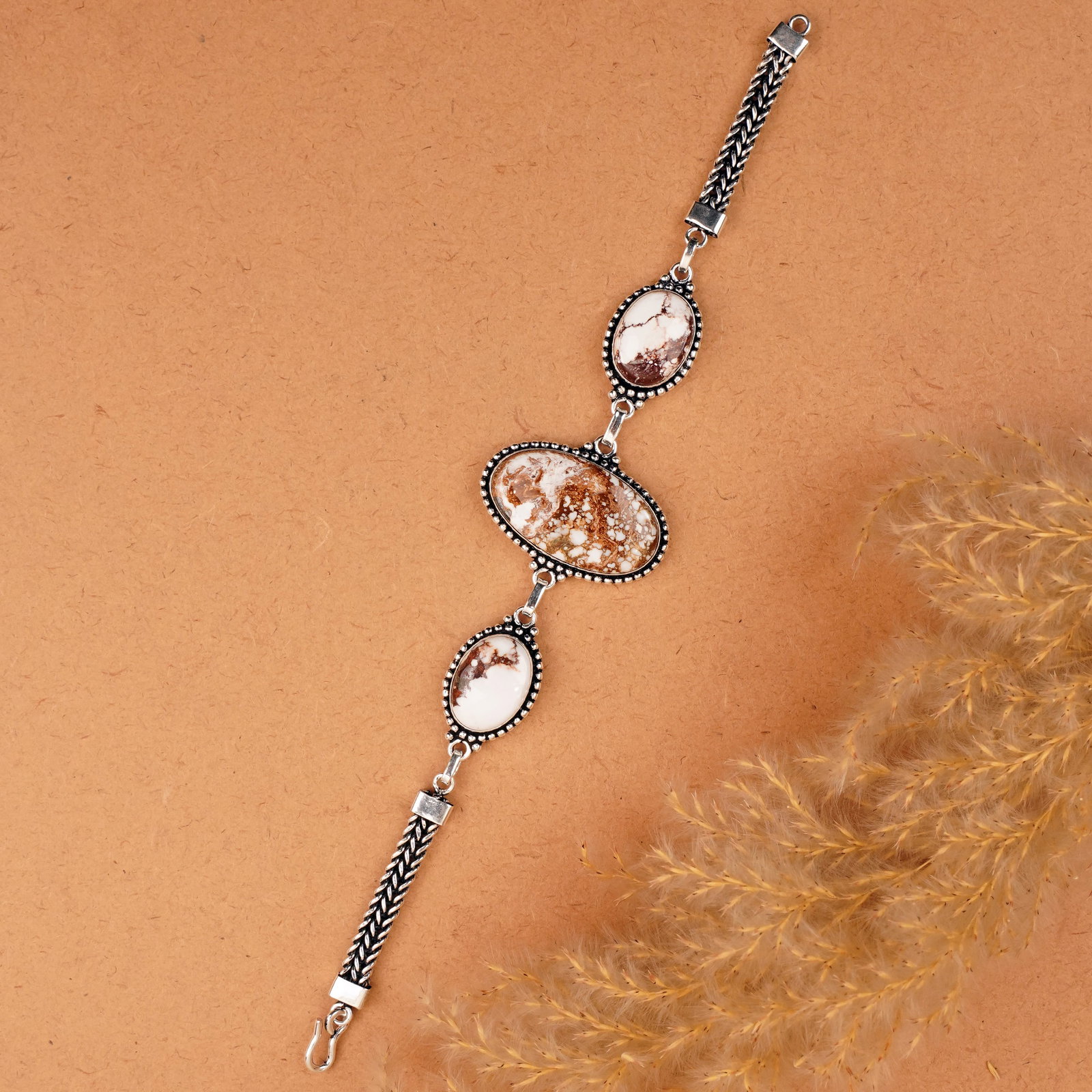 Natural Wild Horse Silver Plated Handmade Bracelet: Product ID: 260410135616 Product - Handmade Silver Plated Bracelet Metal - 92.5 Sterling Silver Plated Bracelet Length - 7.5 Inch Gemstone - Wild Horse Gemstone Size -12X16 MM (2 Stone) 3x1.5 CM (1 St