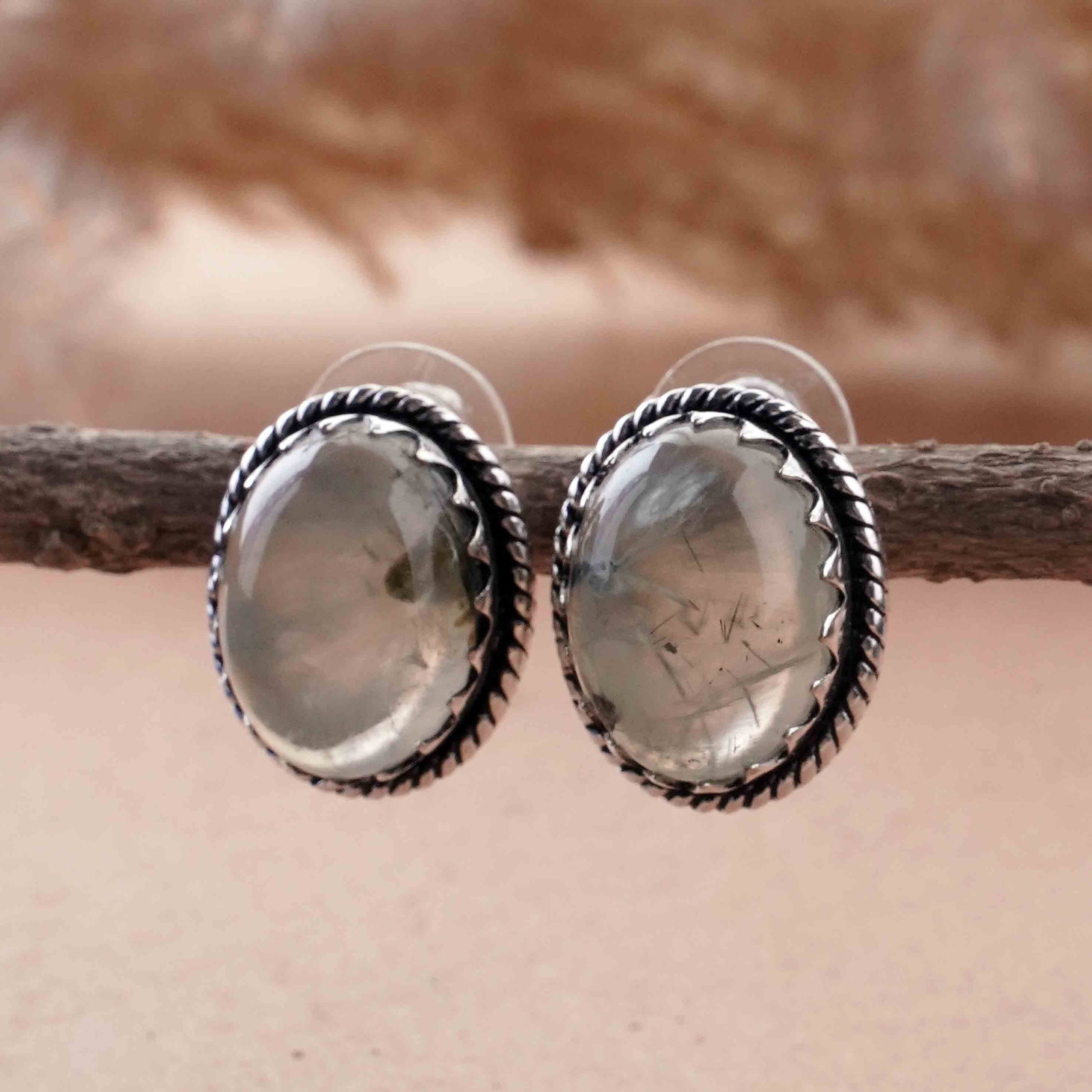 Natural Prehnite Silver Plated Handmade Stud Earring - 2
