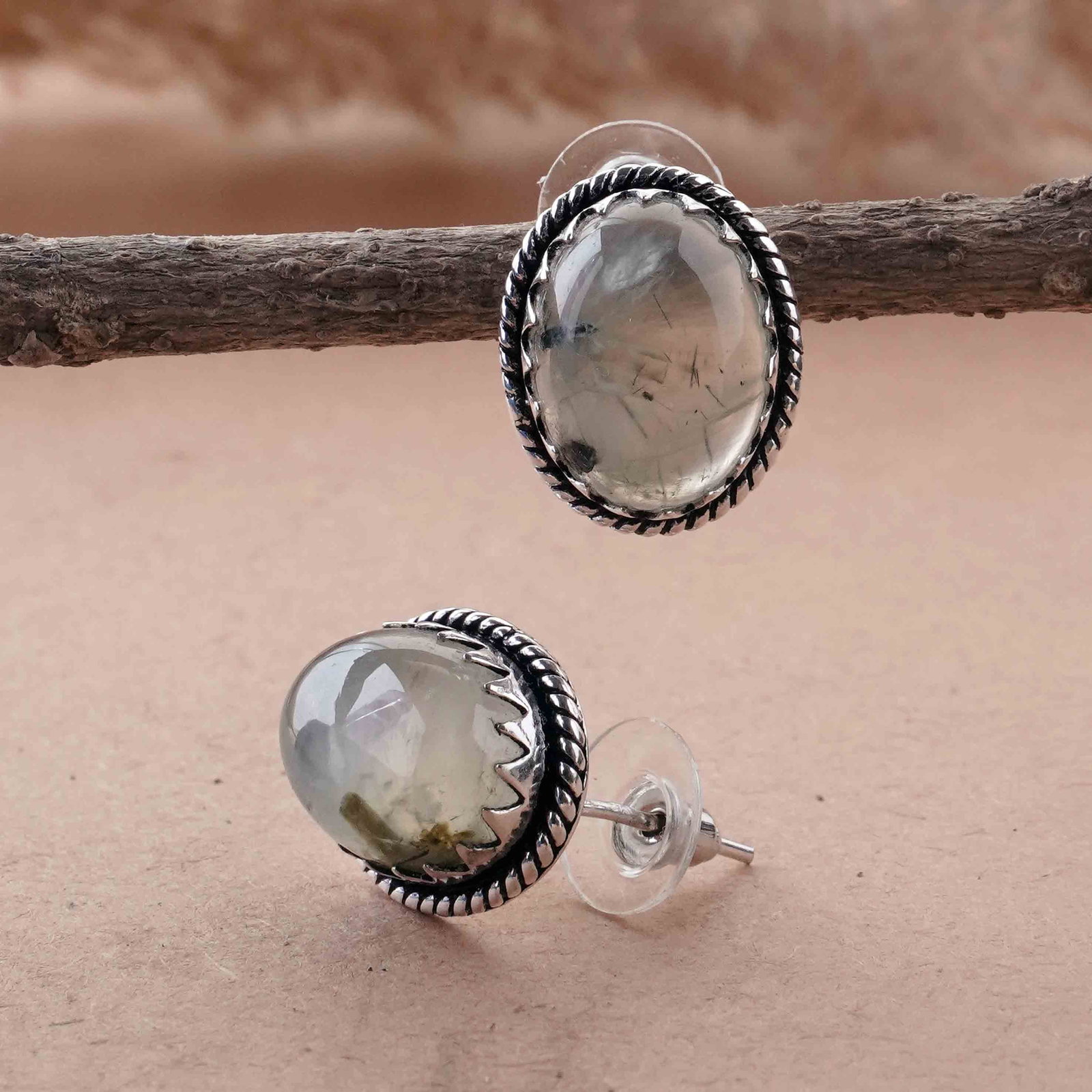 Natural Prehnite Silver Plated Handmade Stud Earring - 3