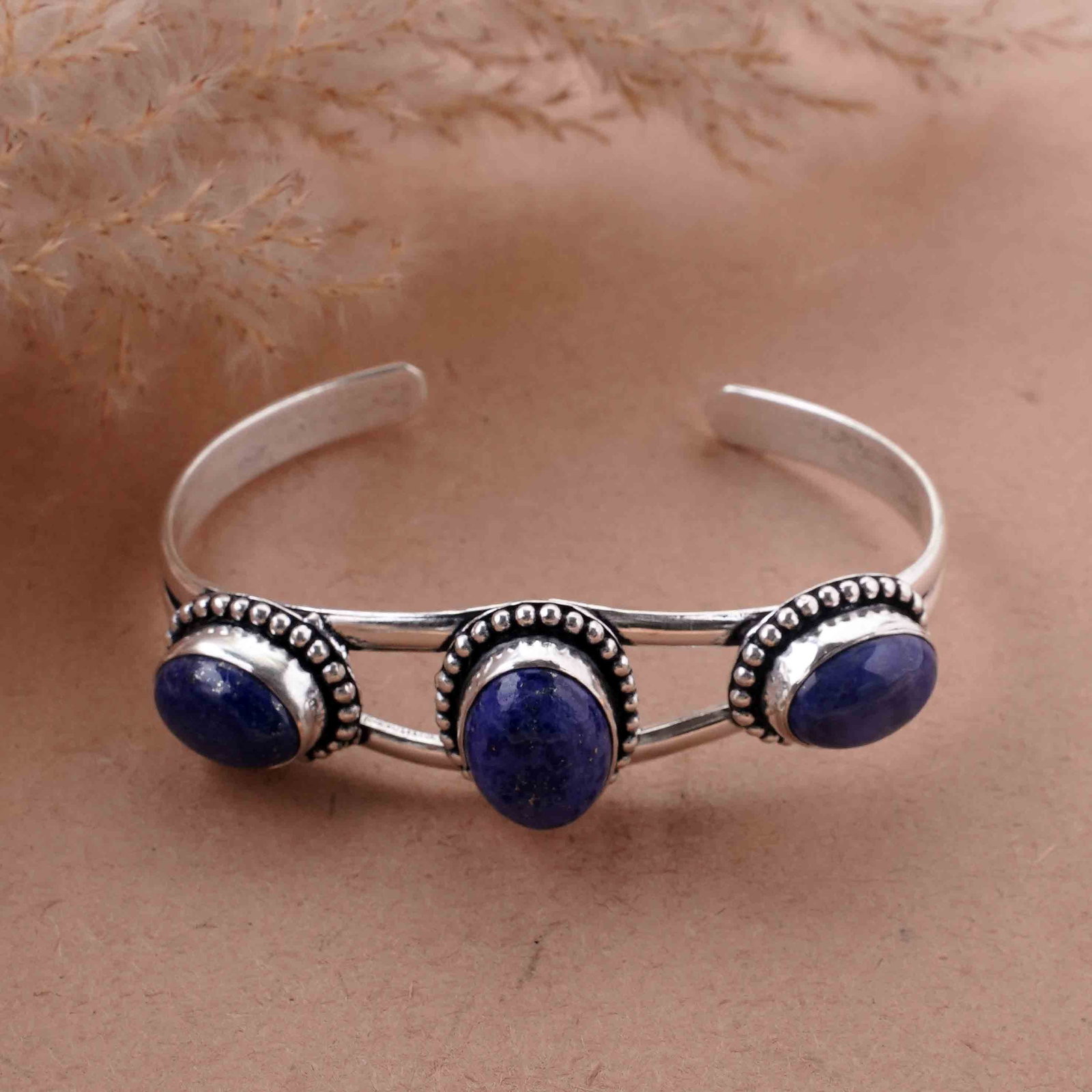Natural Lapis Lazuli Silver Plated Handmade Cuff Bangle: Product ID: 260417181218 Product - Handmade Silver Plated Cuff Bangle Metal - 92.5 Sterling Silver Plated Bangle Size - 6.5x4.5 CM (Adjustable) Gemstone - Lapis Lazuli Gemstone Origin - Afghanistan