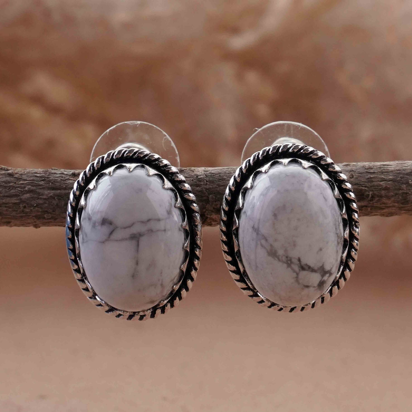 Natural Howlite Silver Plated Handmade Stud Earring: Product ID: 260417162706 Product - Handmade Silver Plated Stud Earring Metal - 92.5 Sterling Silver Plated Earring Type - Stud Gemstone - Howlite Gemstone Origin - Canada Gemstone Size - 12X16 MM ( 2 
