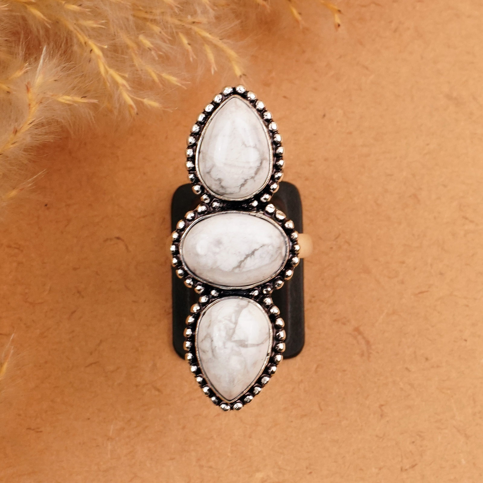 Natural Howlite Silver Plated Handmade Ring - 8MM: Product ID: 260410161843 Product - Handmade Silver Plated Ring Metal - 92.5 Sterling Silver Plated Ring Size - 8MM Gemstone - Howlite Gemstone Origin - Canada Gemstone Size - 10X14 MM ( 3 Stone ) Gems