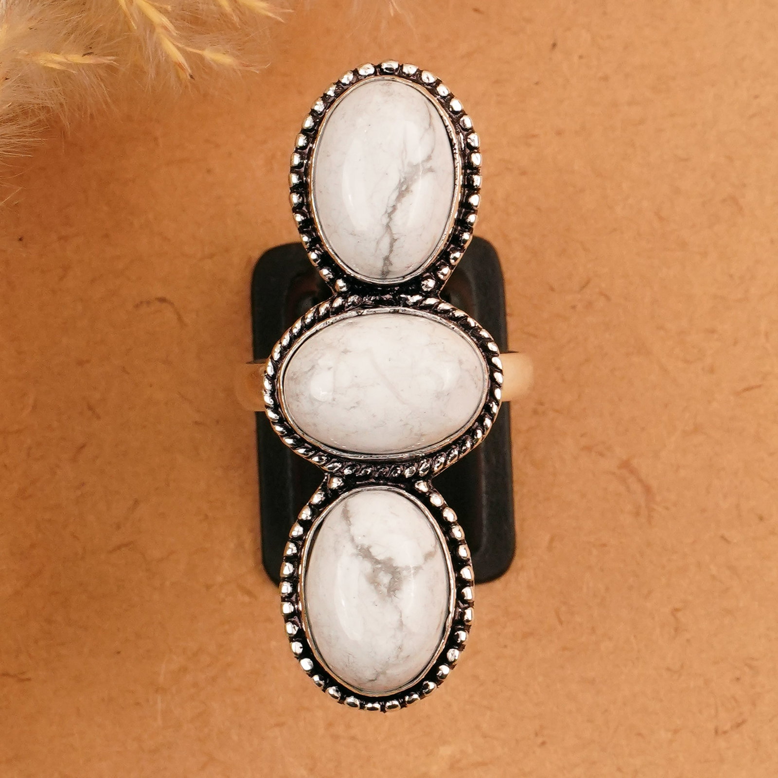 Natural Howlite Silver Plated Handmade Ring - 9MM: Product ID: 260410161732 Product - Handmade Silver Plated Ring Metal - 92.5 Sterling Silver Plated Ring Size - 9MM Gemstone - Howlite Gemstone Origin - Canada Gemstone Size - 10X14 MM ( 3 Stone ) Gems