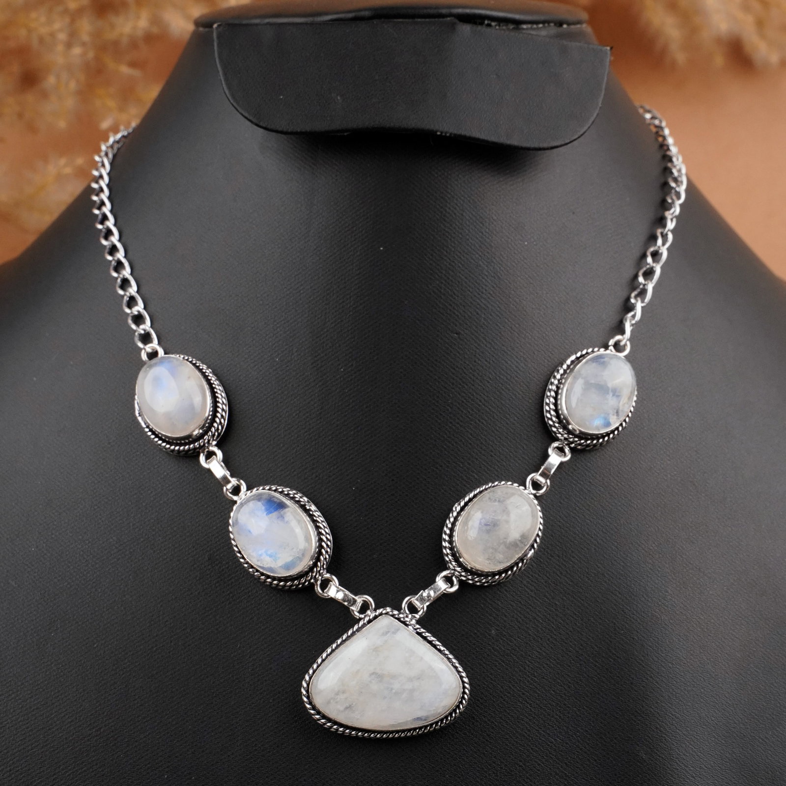Natural Rainbow Moonstone Silver Plated Handmade Necklace: Product ID: 260409104630 Product - Handmade Silver Plated Necklace Metal - 92.5 Sterling Silver Plated Necklace Length - 18 Inch Gemstone - Rainbow Moonstone Gemstone Size - 12X16 MM ( 4 Stone) 18x16 