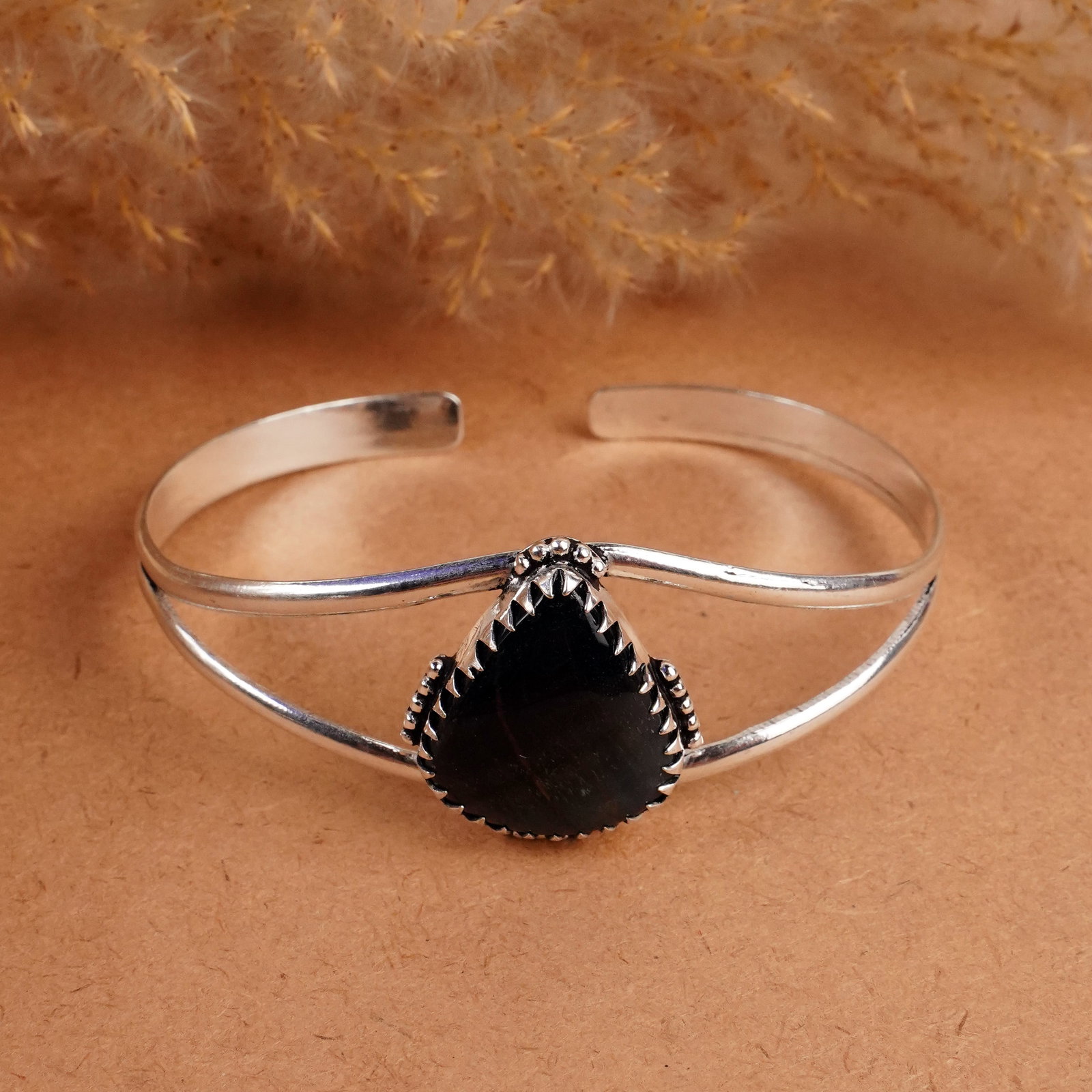 Natural Black Tiger Eye Silver Plated Handmade Cuff Bangle: Product ID: 260408142905 Product - Handmade Silver Plated Cuff Bangle Metal - 92.5 Sterling Silver Plated Bangle Size - 7x5 CM (Adjustable) Gemstone - Black Tiger Eye Gemstone Origin - South Africa Ge