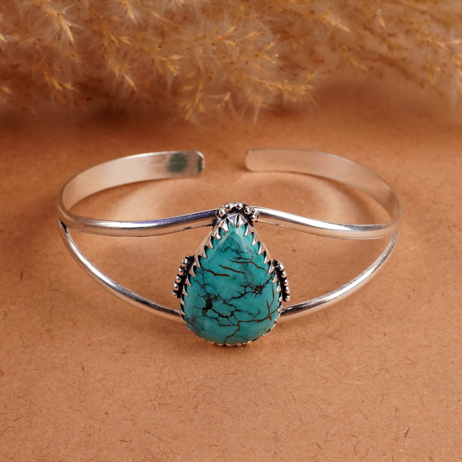 Natural Turquoise Silver Plated Handmade Cuff Bangle (1 of 4)