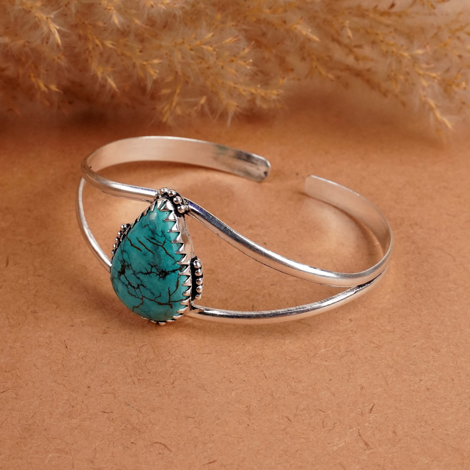 Natural Turquoise Silver Plated Handmade Cuff Bangle - 2