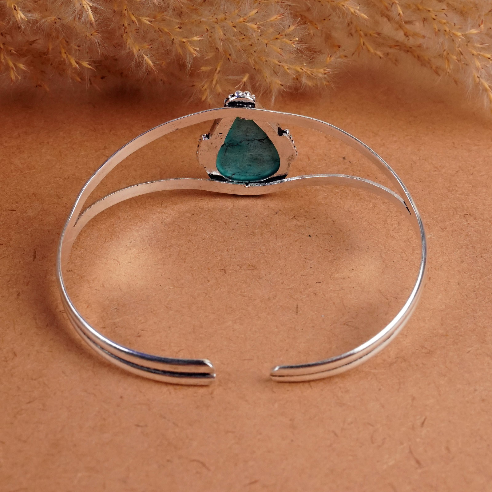 Natural Turquoise Silver Plated Handmade Cuff Bangle - 3
