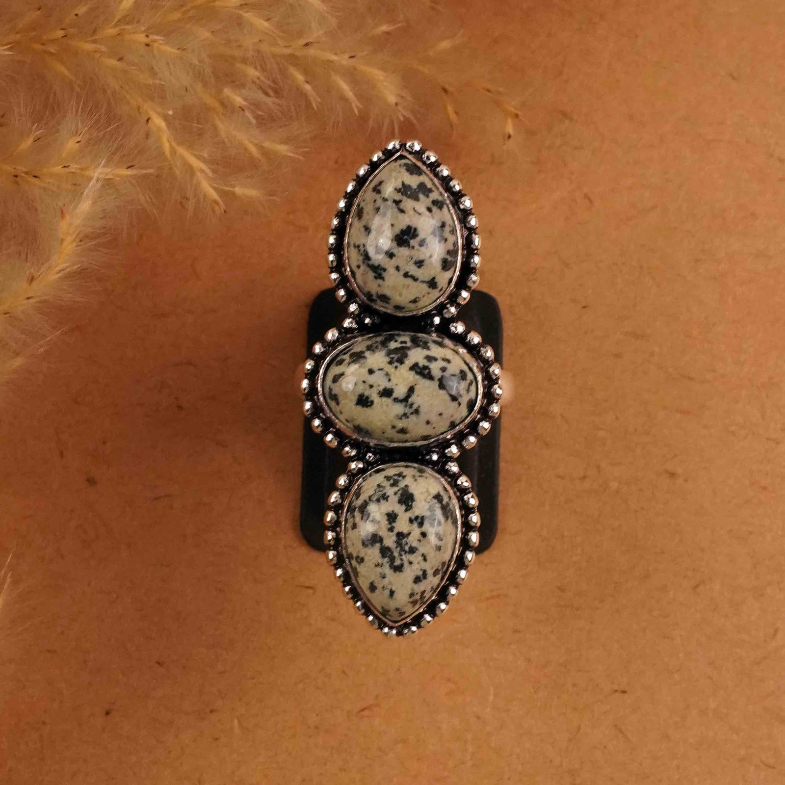Natural Dalmatian Jasper Silver Plated Handmade Ring - 8MM: Product ID: 260412151143 Product - Handmade Silver Plated Ring Metal - 92.5 Sterling Silver Plated Ring Size - 8MM Gemstone - Dalmatian Gemstone Origin - Mexico Gemstone Size - 10X14 MM ( 3 Stone ) Ge