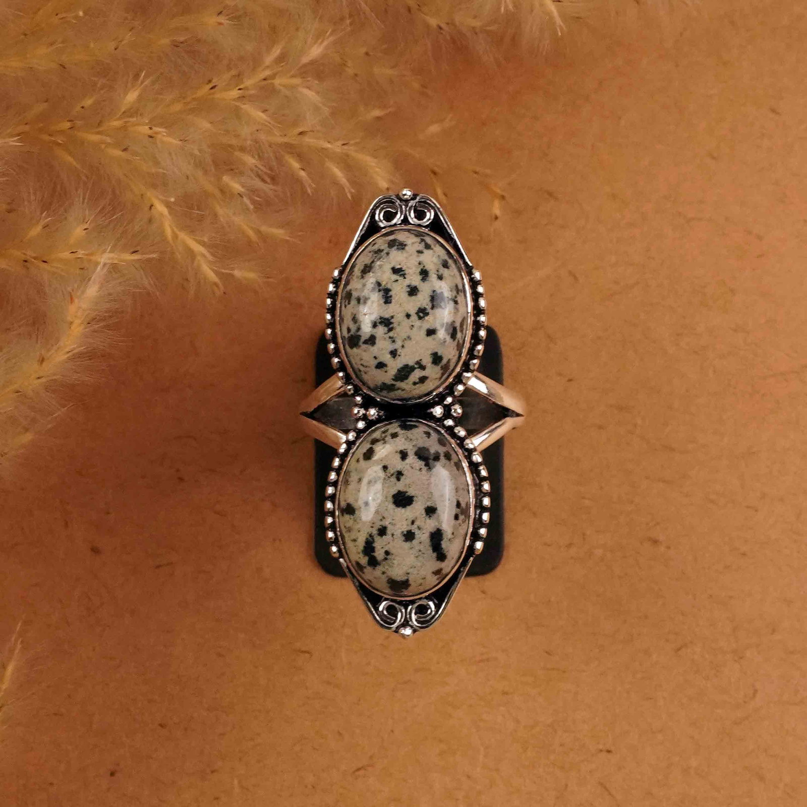 Natural Dalmatian Jasper Silver Plated Handmade Ring - 10MM: Product ID: 260412151021 Product - Handmade Silver Plated Ring Metal - 92.5 Sterling Silver Plated Ring Size - 10MM Gemstone - Dalmatian Gemstone Origin - Mexico Gemstone Size - 12X16 MM ( 2 Stone ) G