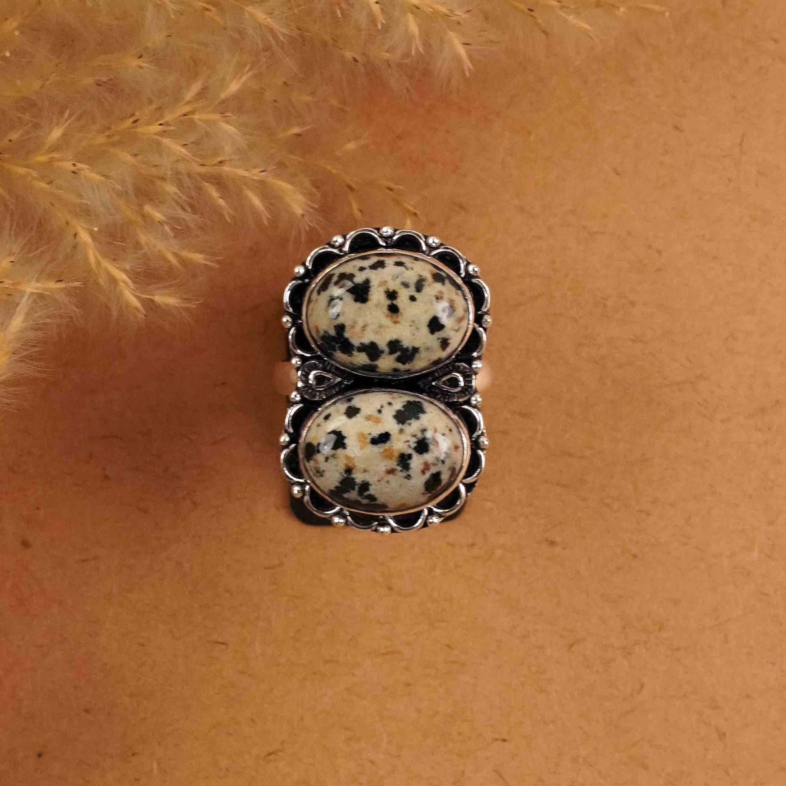 Natural Dalmatian Jasper Silver Plated Handmade Ring - 10MM: Product ID: 260412150424 Product - Handmade Silver Plated Ring Metal - 92.5 Sterling Silver Plated Ring Size - 10MM Gemstone - Dalmatian Gemstone Origin - Mexico Gemstone Size - 12X16 MM ( 2 Stone ) G