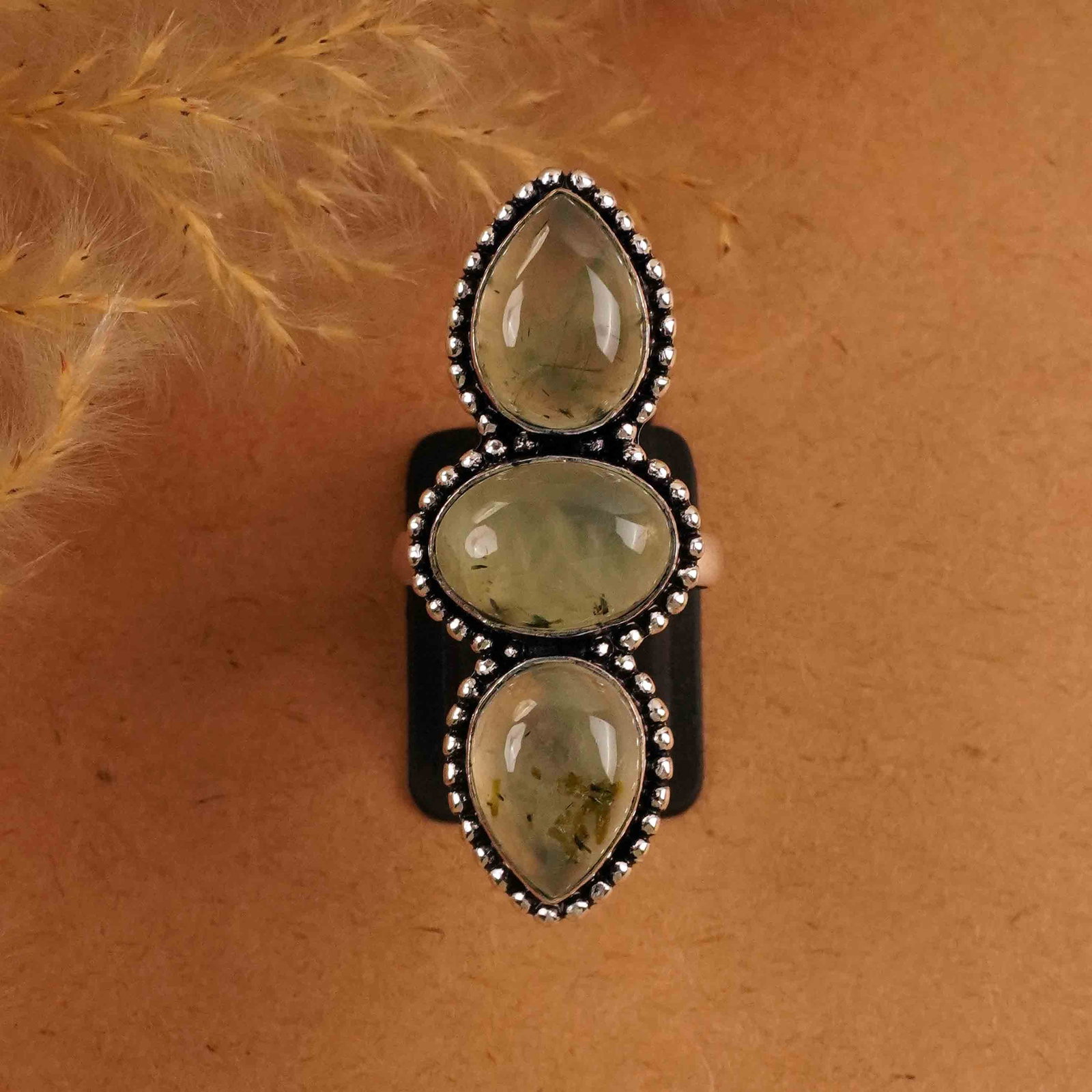 Natural Prehnite Silver Plated Handmade Ring - 8MM: Product ID: 260412150100 Product - Handmade Silver Plated Ring Metal - 92.5 Sterling Silver Plated Ring Size - 8MM Gemstone - Perhnite Gemstone Origin - South Africa Gemstone Size - 10X14 MM ( 3 Stone