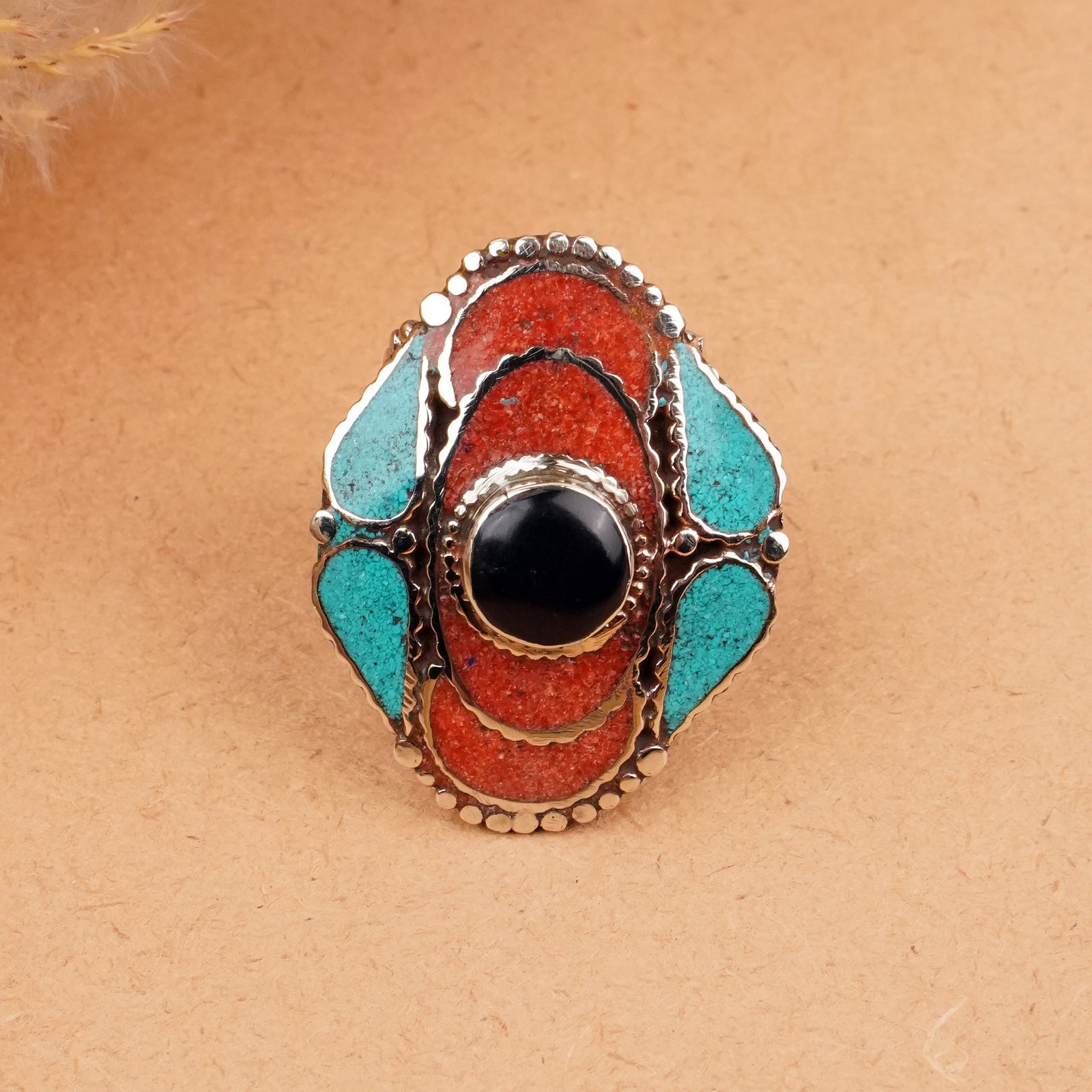 Tibetan Natural Turquoise & Coral Handmade Ring - Free Size: Product ID: 260406161000 Product - Tibetan Handmade Ethnic Ring Ring Size - Free Size Ring Weight - 17 Gram Gemstone - Natural Turquoise & Black Onyx & Coral & Lapis Metal - Brass & Copper mix Metal O
