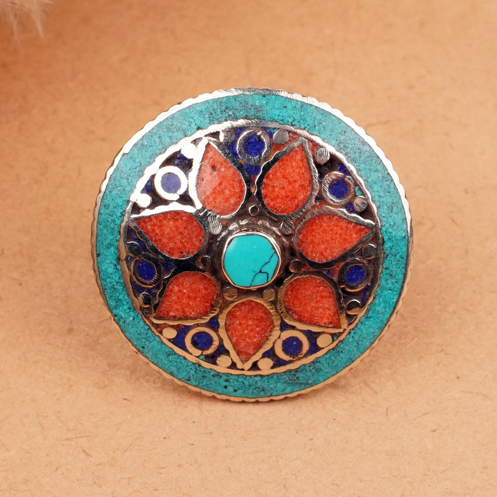 Tibetan Natural Turquoise & Coral Handmade Ring - Free Size: Product ID: 260406160738 Product - Tibetan Handmade Ethnic Ring Ring Size - Free Size Ring Weight - 19 Gram Gemstone - Natural Turquoise & Coral & Lapis Metal - Brass & Copper mix Metal Origin - Nepal
