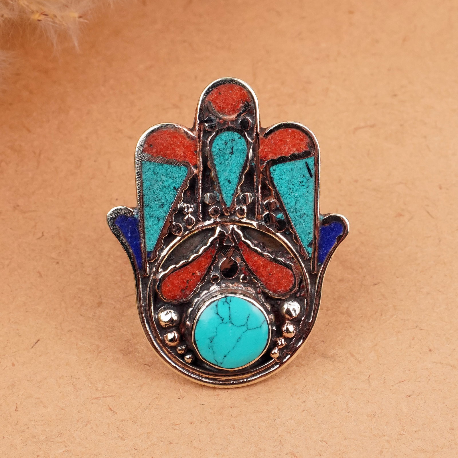 Tibetan Turquoise & Coral Handmade Fatima Hand Ring - Free Size: Product ID: 260406160615 Product - Tibetan Handmade Ethnic Ring Ring Size - Free Size Ring Weight - 17 Gram Gemstone - Natural Turquoise & Coral & Lapis Metal - Brass & Copper mix Metal Origin - Nepal