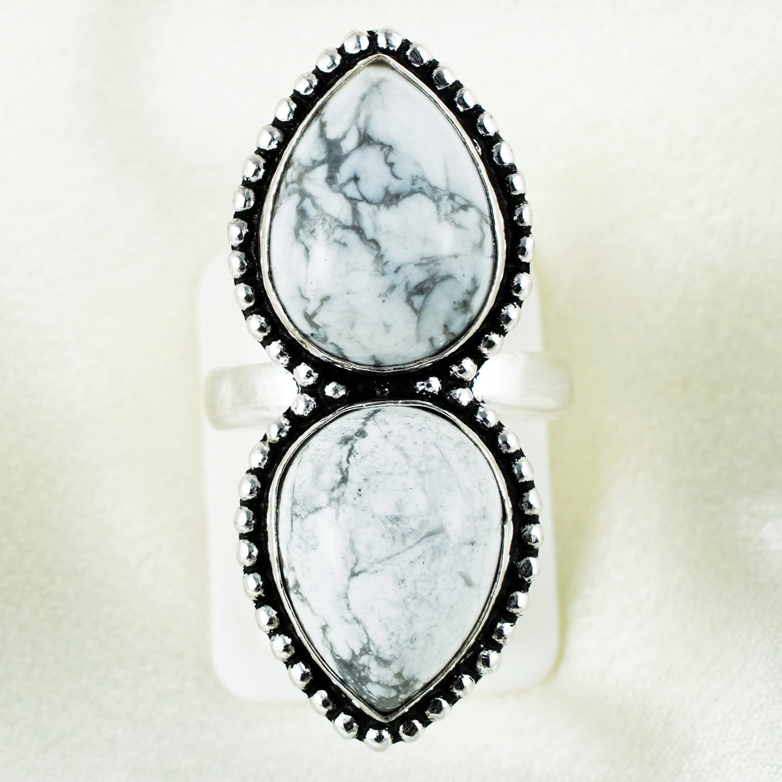 Natural Howlite Silver Plated Handmade Ring - 7.5MM: Product ID: 260401165247 Product - Handmade Silver Plated Ring Metal - 92.5 Sterling Silver Plated Ring Size - 7.5MM Gemstone - Howlite Gemstone Origin - Canada Gemstone Size - 12X16 MM ( 2 Stone ) Ge