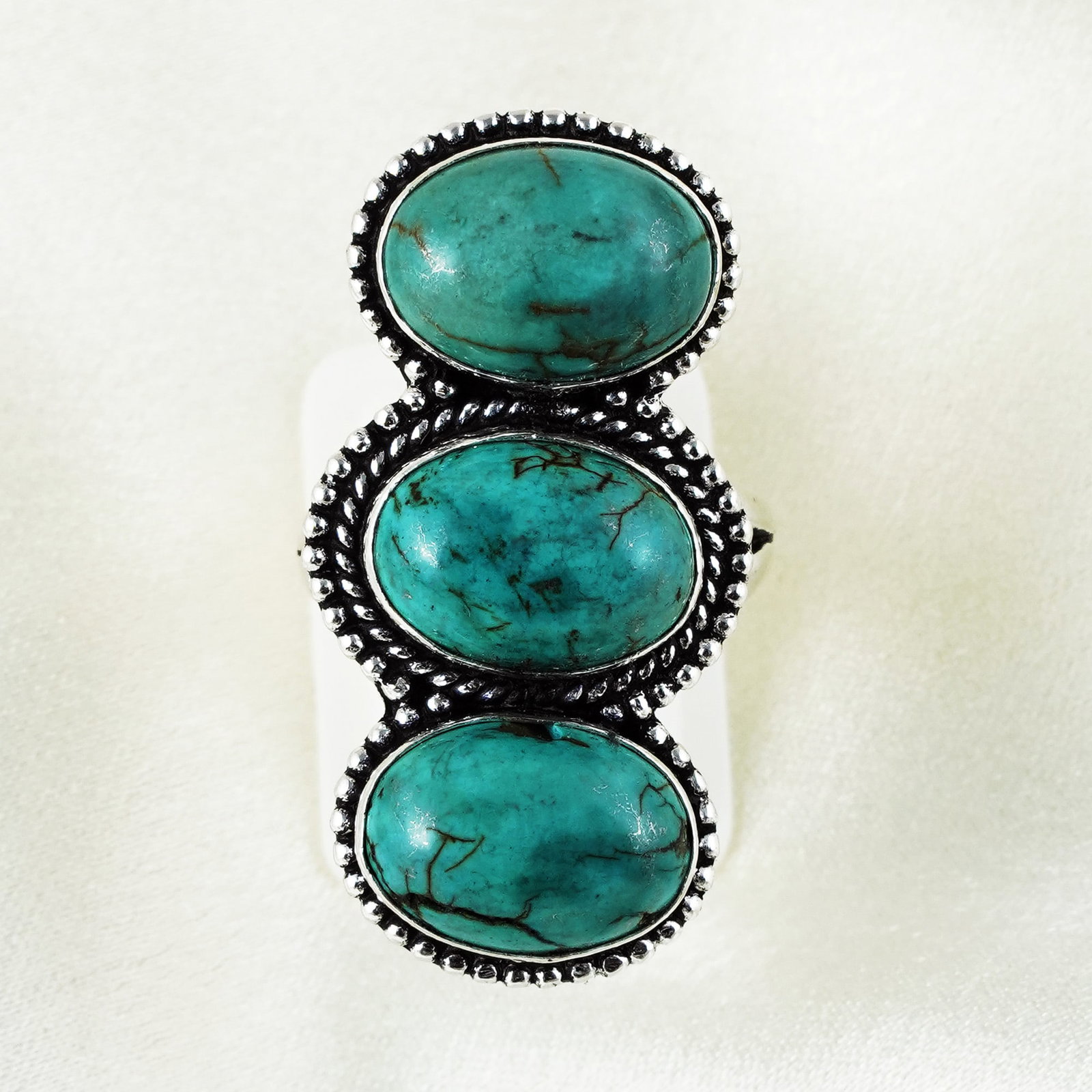 Natural Turquoise Silver Plated Handmade Ring - 9MM: Product ID: 260401164045 Product - Handmade Silver Plated Ring Metal - 92.5 Sterling Silver Plated Ring Size - 9MM Gemstone - Turquoise Gemstone Origin - Tibet Gemstone Size - 12X16 MM ( 3Stone ) Gems