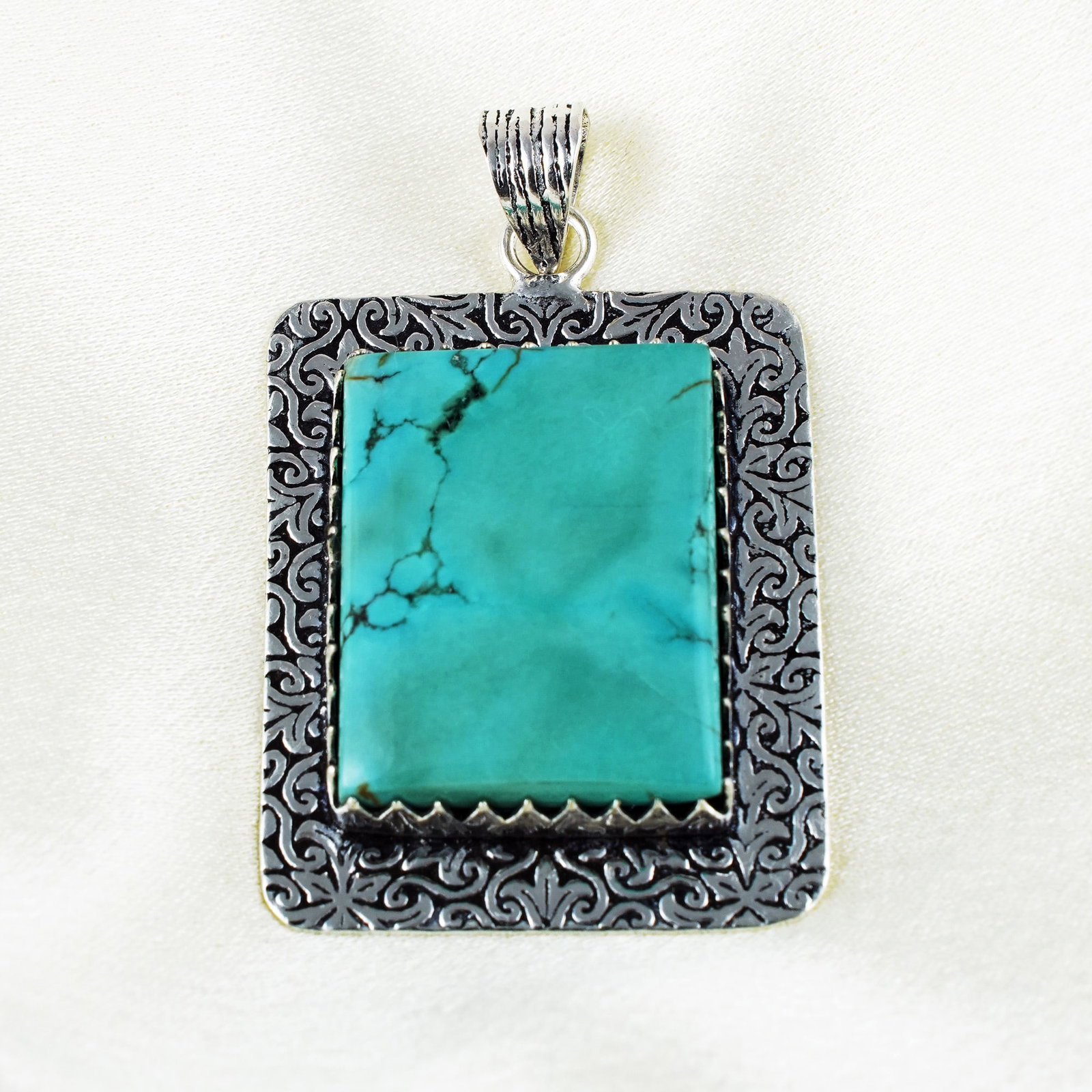 Natural Turquoise Silver Plated Handmade Pendant: Product ID: 260401131546 Product - Handmade Silver Plated Pendant Metal - 92.5 Sterling Silver Plated Pendant Size - 4x3 CM Gemstone - Turquoise Gemstone Origin - Tibet Gemstone Shape - Square Pendant