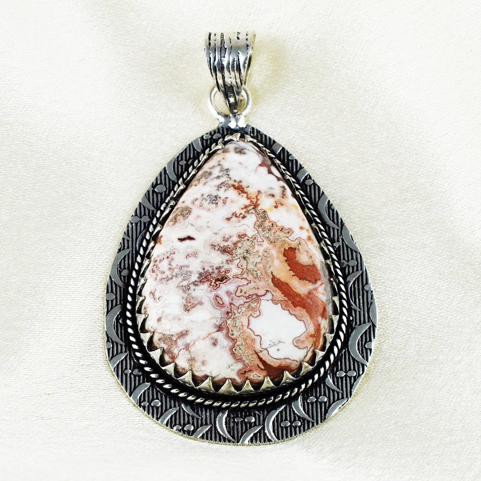 Natural Picture Jasper Silver Plated Handmade Pendant: Product ID: 260401130852 Product - Handmade Silver Plated Pendant Metal - 92.5 Sterling Silver Plated Pendant Size - 4x3 CM Gemstone - Picture Jasper Gemstone Origin - Indonesia Gemstone Shape - Pear 