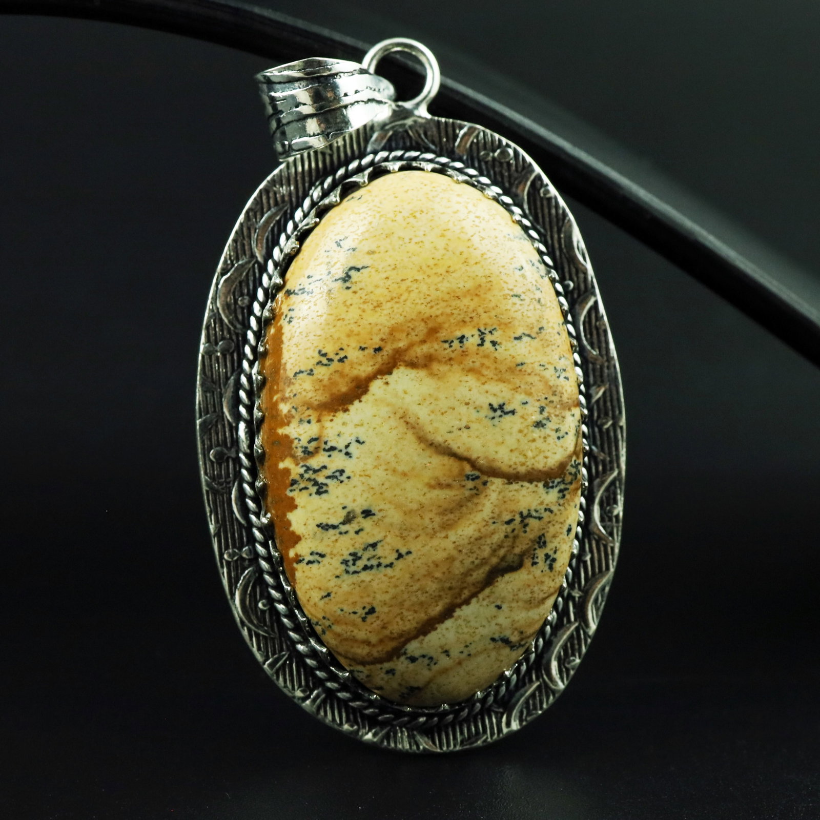 Natural Picture Jasper Silver Plated Handmade Pendant: Product ID: 260328110841 Product - Handmade Silver Plated Pendant Metal - 92.5 Sterling Silver Plated Pendant Size - 4.5x3 CM Gemstone - Picture Jasper Gemstone Origin - Indonesia Gemstone Shape - Ova