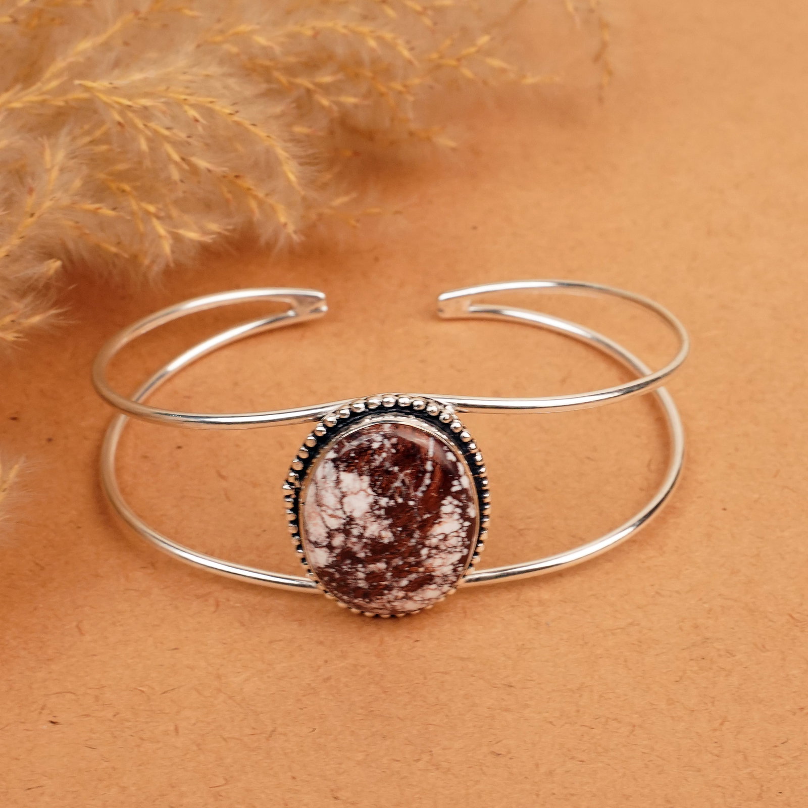 Natural Wild Horse Silver Plated Handmade Cuff Bangle: Product ID: 260412125902 Product - Handmade Silver Plated Cuff Bangle Metal - 92.5 Sterling Silver Plated Bangle Size - 7.5x5.5 CM (Adjustable) Gemstone - Wild Horse Gemstone Origin - United States Ge