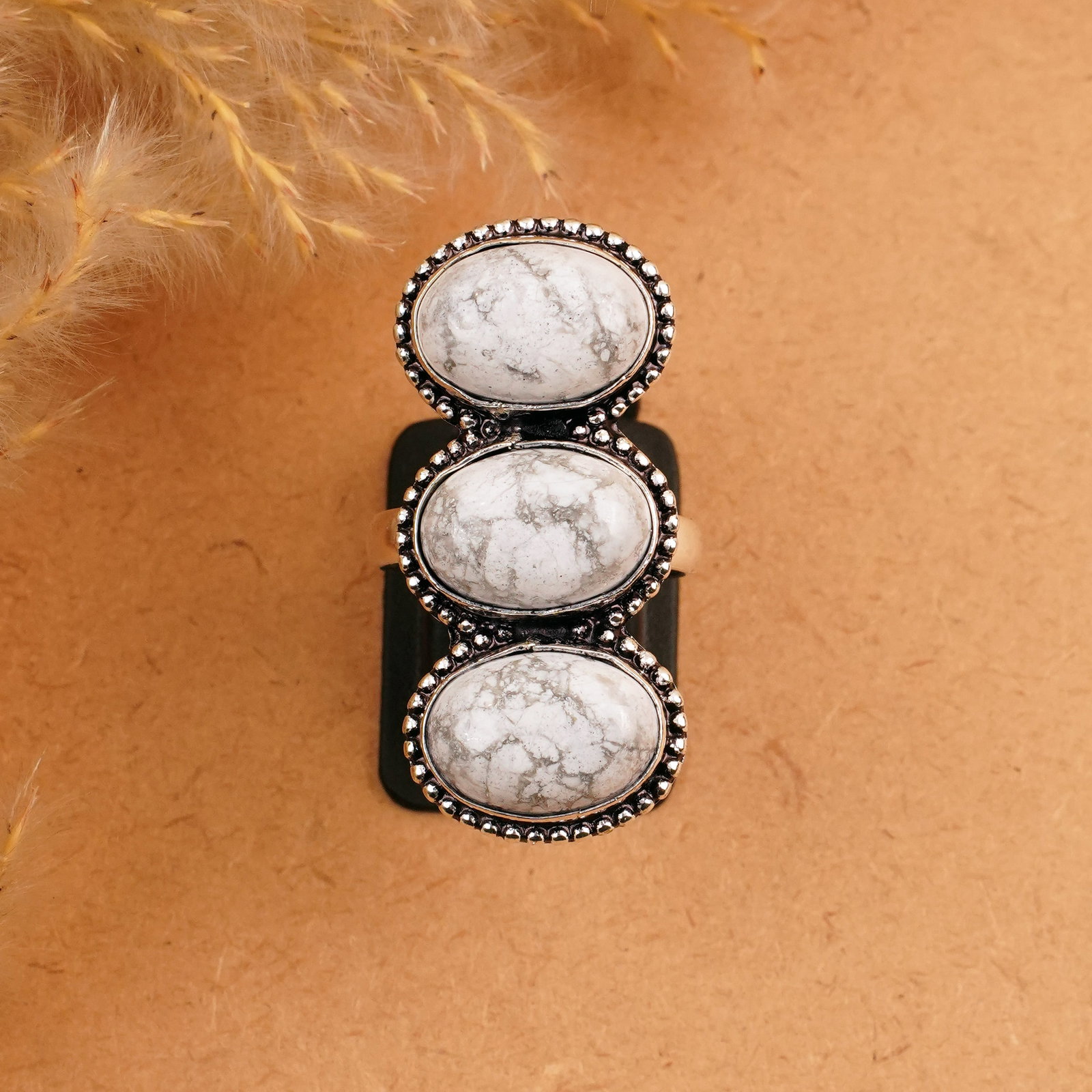 Natural Howlite Silver Plated Handmade Ring - 8MM: Product ID: 260410155753 Product - Handmade Silver Plated Ring Metal - 92.5 Sterling Silver Plated Ring Size - 8MM Gemstone - Howlite Gemstone Origin - Canada Gemstone Size - 10X14 MM ( 3 Stone ) Gems