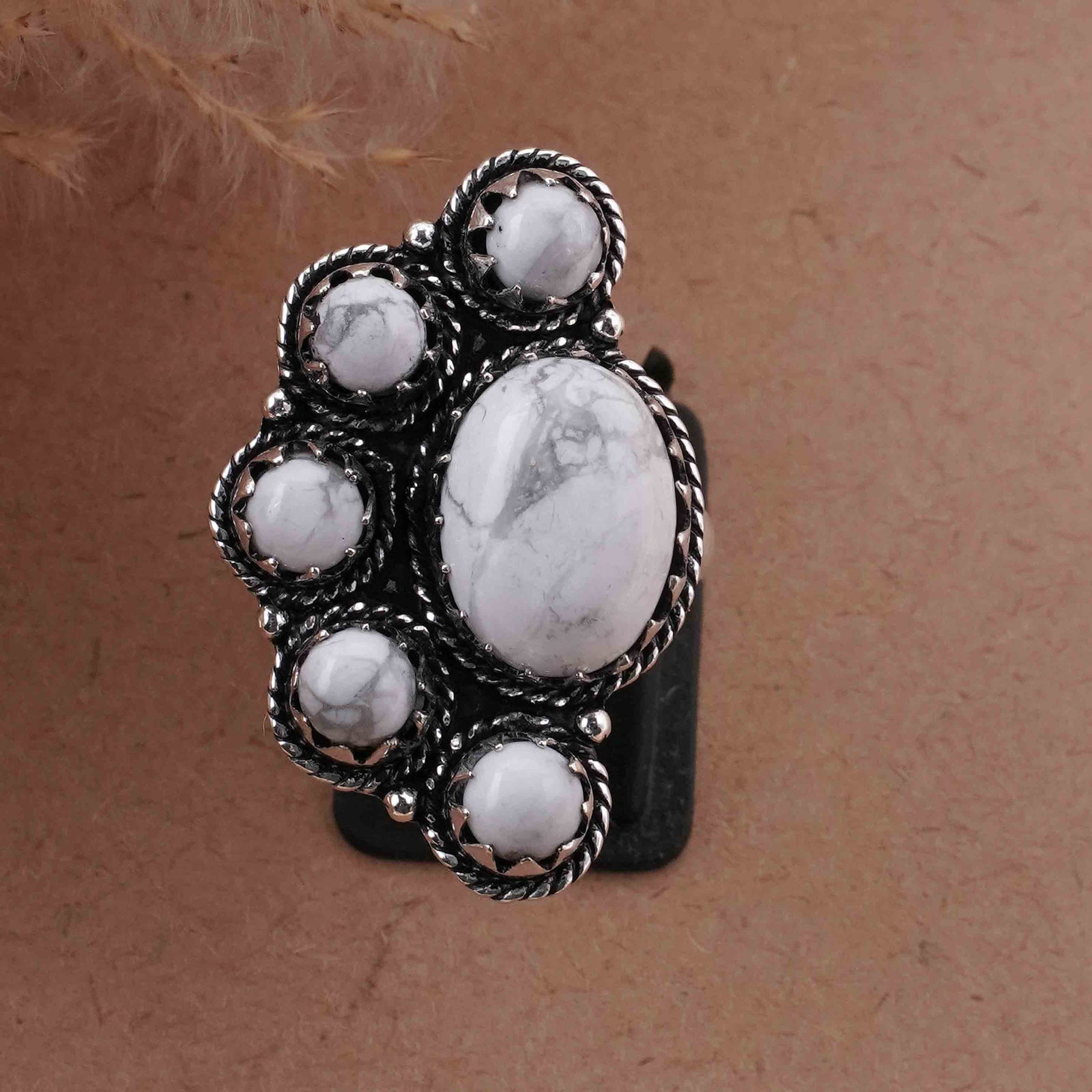 Natural Howlite Silver Plated Handmade Ring - 6.5MM: Product ID: 260418124418 Product - Handmade Silver Plated Ring Metal - 92.5 Sterling Silver Plated Ring Size - 6.5MM Gemstone - Howlite Gemstone Origin - Canada Gemstone Size - 12X16 MM ( 1 Stone ) / 