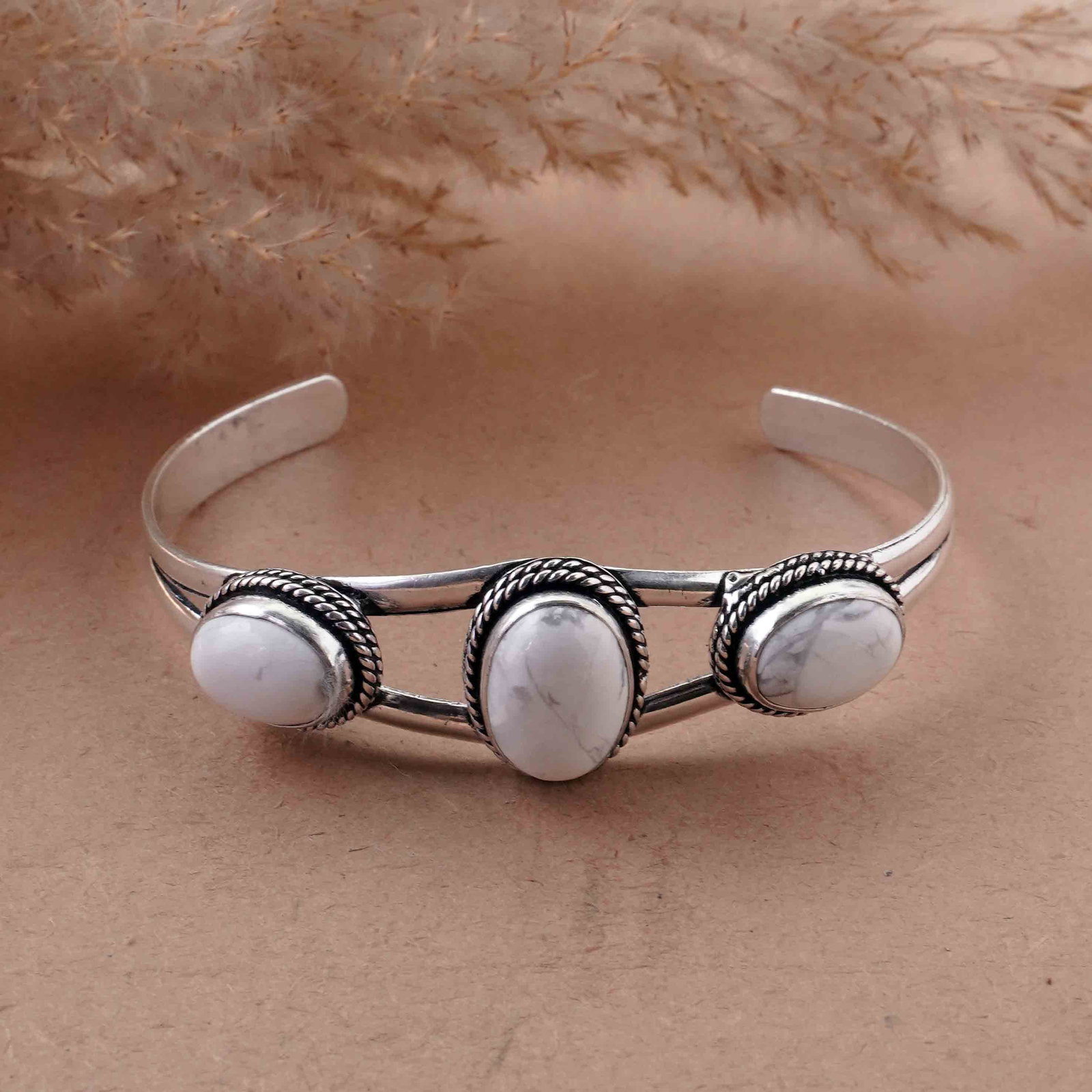 Natural Howlite Silver Plated Handmade Cuff Bangle: Product ID: 260429154031 Product - Handmade Silver Plated Cuff Bangle Metal - 92.5 Sterling Silver Plated Bangle Size - 6.5x4.5 CM (Adjustable) Gemstone - Howlite Gemstone Origin - Canada Gemstone Siz