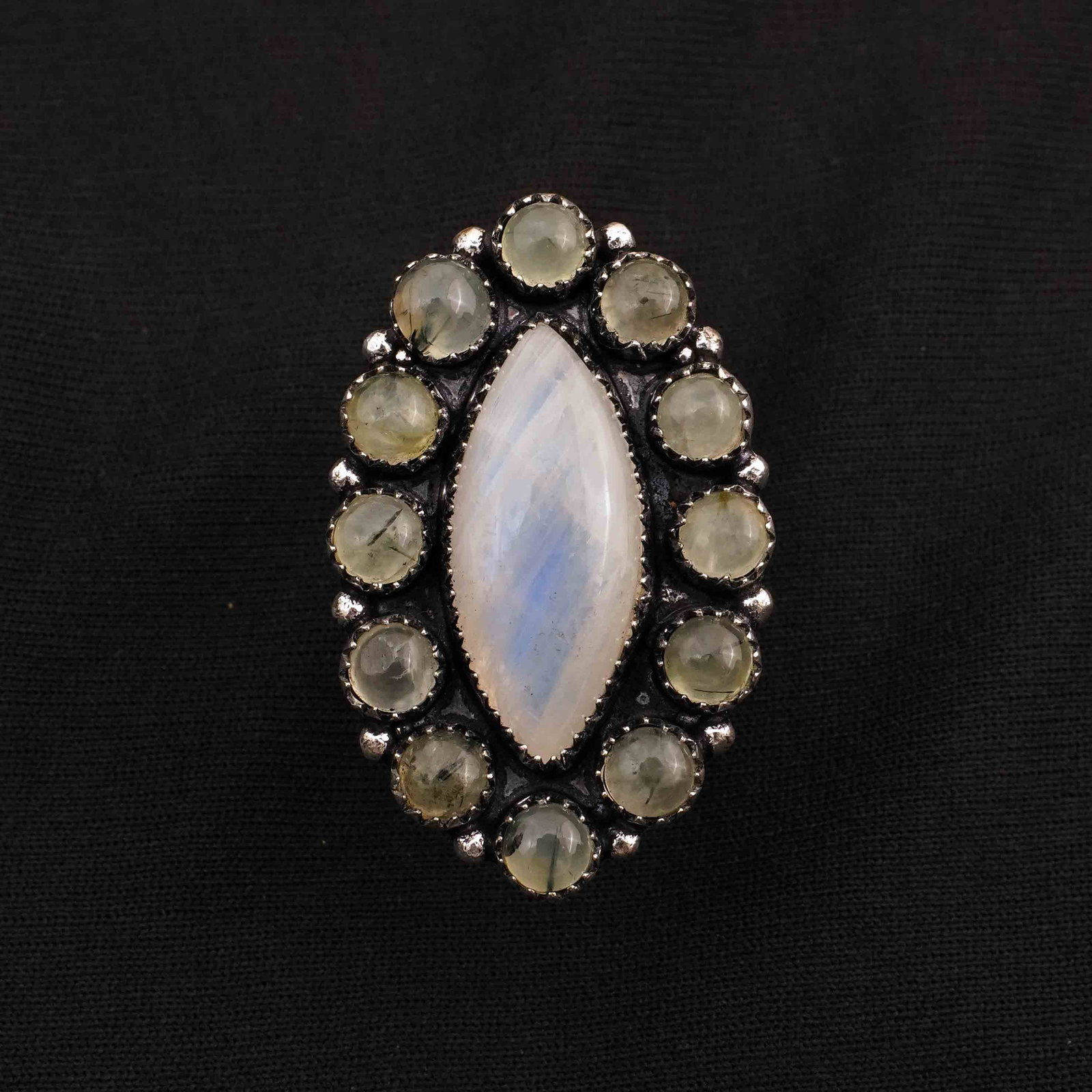 Natural Rainbow Moonstone & Prehnite Silver Plated Handmade Ring - 6.5MM: Product ID: 260413124815 Product - Handmade Silver Plated Ring Metal - 92.5 Sterling Silver Plated Ring Size - 6.5MM Gemstone - Rainbow Moonstone / Prehnite Gemstone Origin - India / South Africa Gems