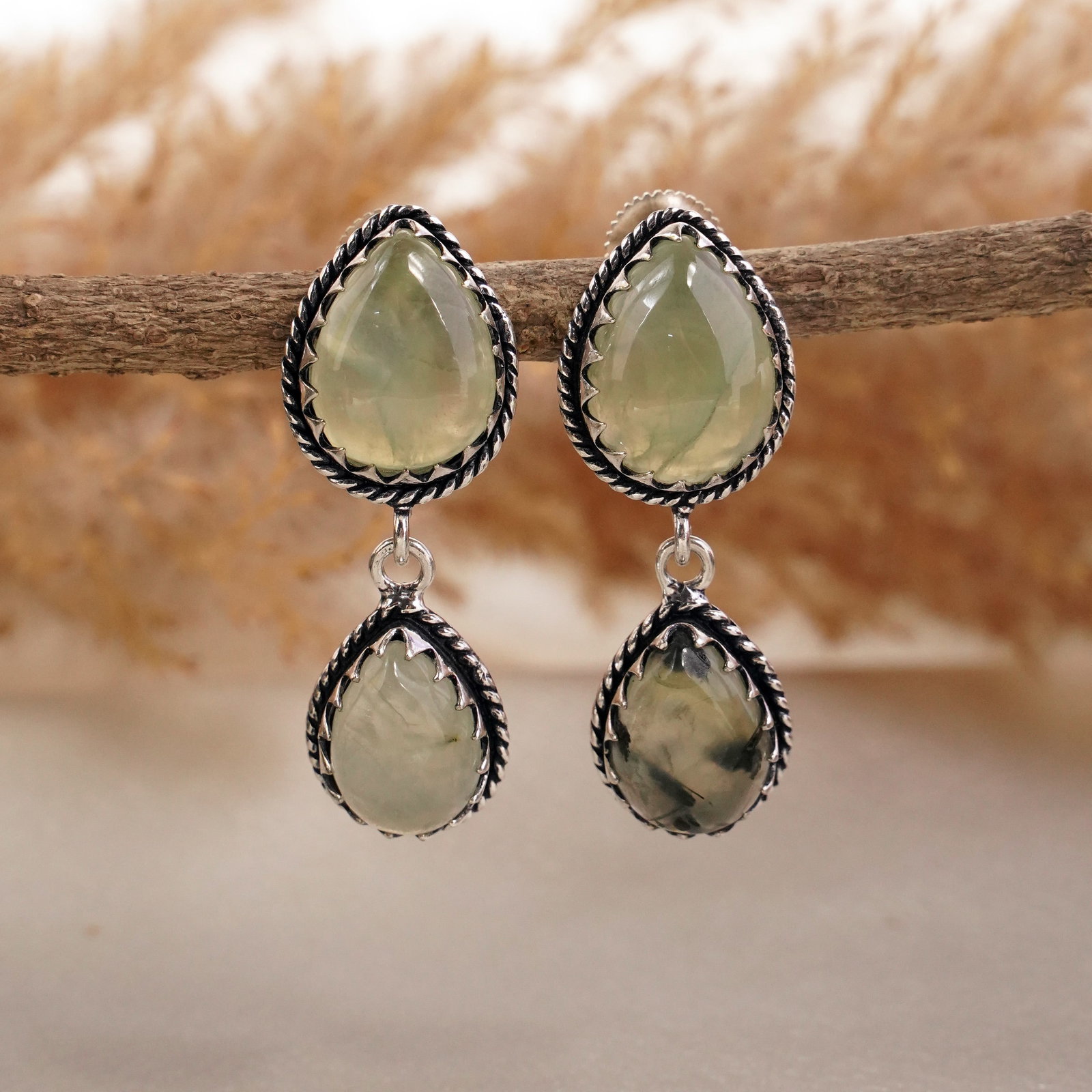 Natural Prehnite 92.5 Silver Plated Handmade Stud Earring: Product ID: 260502131306 Product - Handmade Silver Plated Stud Earring Metal - 92.5 Sterling Silver Plated Earring Type - Stud Gemstone - Prehnite Gemstone Origin - South Africa Gemstone Size - 12X16 
