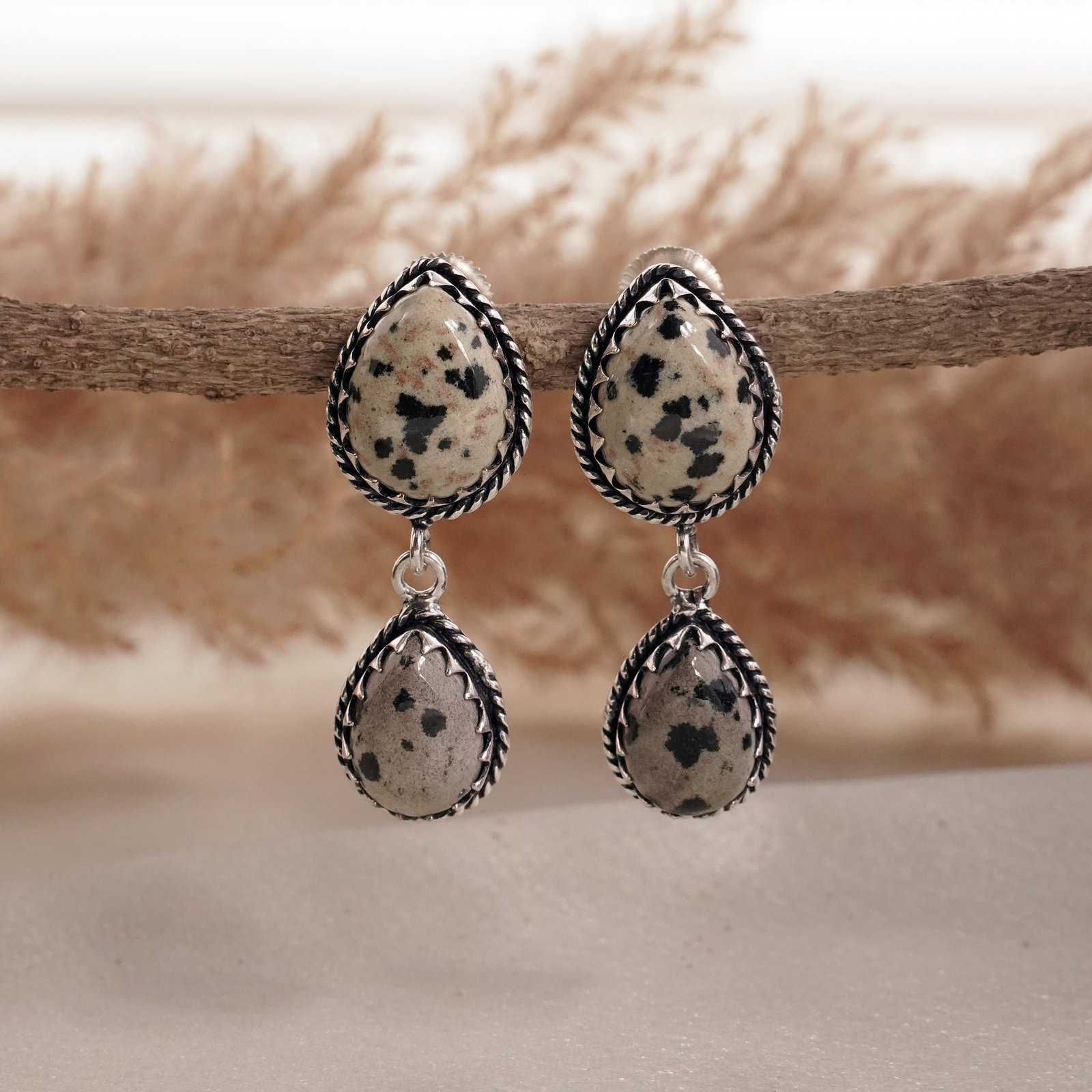Natural Dalmatian 92.5 Silver Plated Handmade Stud Earring: Product ID: 260502130728 Product - Handmade Silver Plated Stud Earring Metal - 92.5 Sterling Silver Plated Earring Type - Stud Gemstone - Dalmatian Jasper Gemstone Origin - Mexico Gemstone Size - 12X1