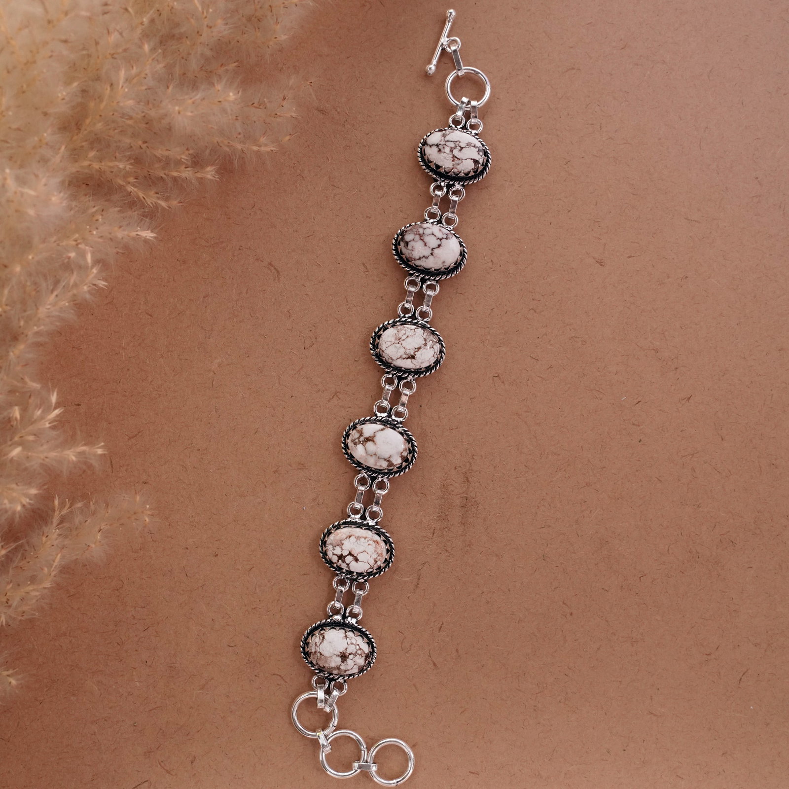 Natural Wild Horse 92.5 Silver Plated Handmade Bracelet: Product ID: 260501133503 Product - Handmade Silver Plated Bracelet Metal - 92.5 Sterling Silver Plated Bracelet Length - 6 Inch + 2 Inch Gemstone - Wild Horse Gemstone Size -12X16 ( 6 Stone) Gemstone 