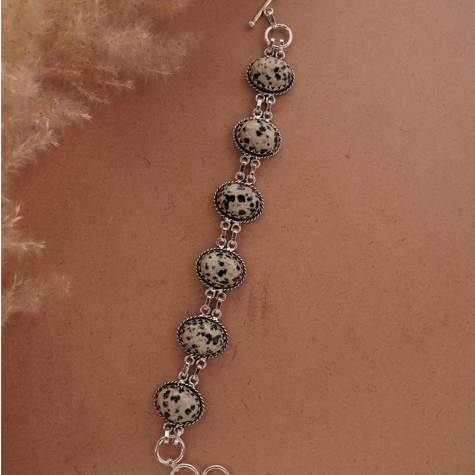 Natural Dalmatian Jasper Sterling Silver Plated Handmade Bracelet: Product ID: 260501132947 Product - Handmade Silver Plated Bracelet Metal - 92.5 Sterling Silver Plated Bracelet Length - 6 Inch + 2 Inch Gemstone - Dalmatian Jasper Gemstone Size -12X16 ( 6 Stone) Gem