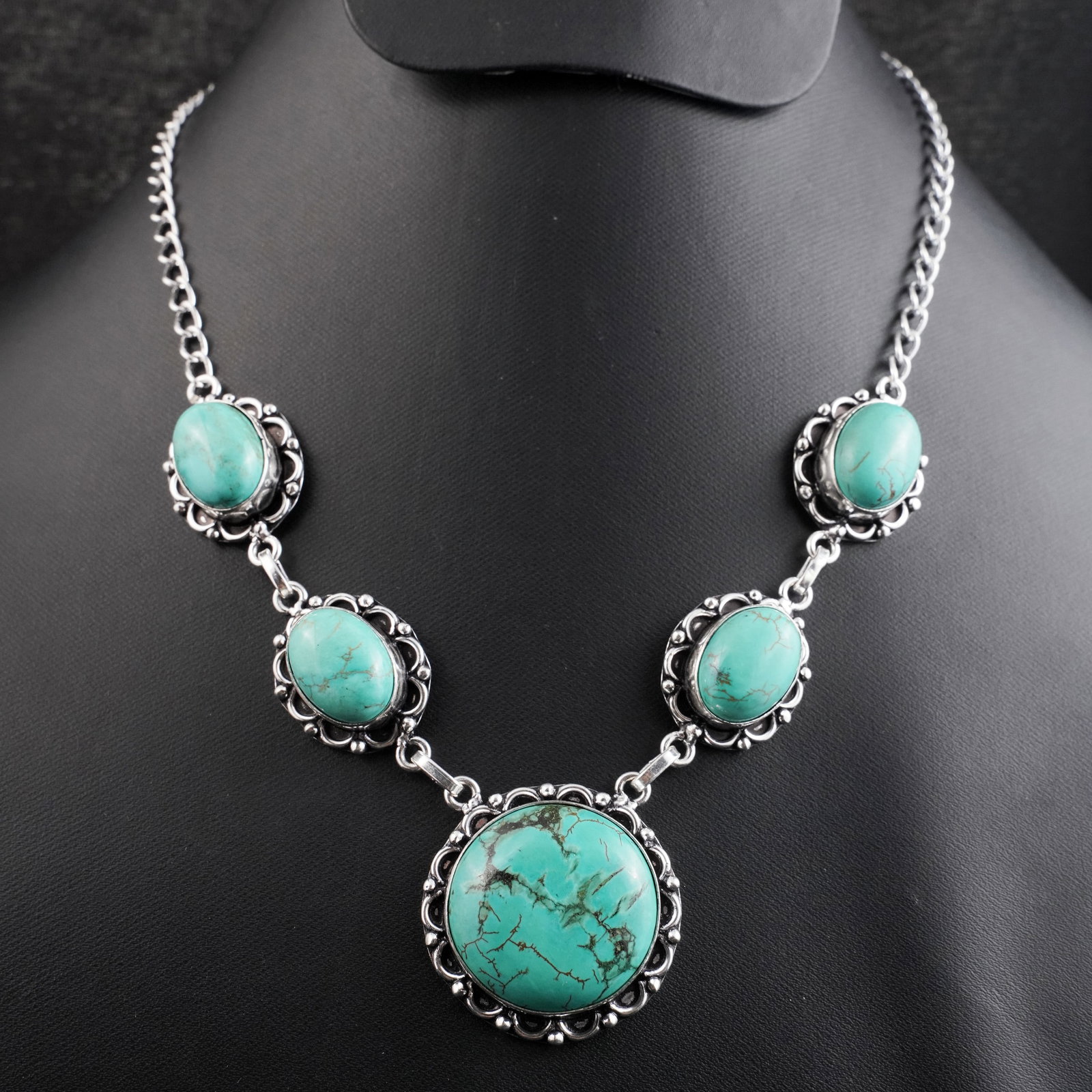 Natural Turquoise Sterling Silver Plated Handmade Necklace: Product ID: 260430174118 Product - Handmade Silver Plated Necklace Metal - 92.5 Sterling Silver Plated Necklace Length - 18 Inch Gemstone - Turquoise Gemstone Size - 12X16 MM (4 Stone), 2.5 CM (1 Ston