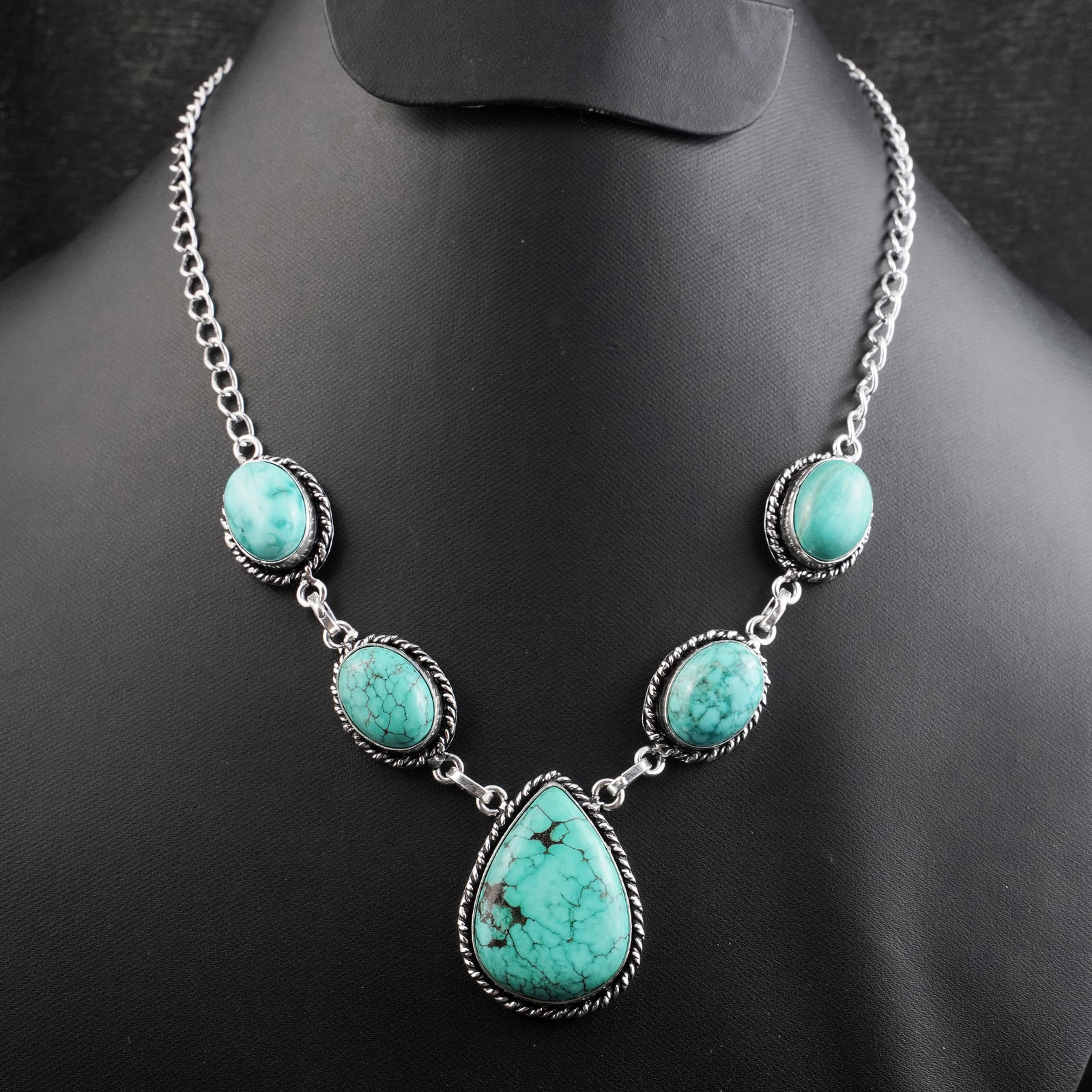 Natural Turquoise Sterling Silver Plated Handmade Necklace: Product ID: 260430174029 Product - Handmade Silver Plated Necklace Metal - 92.5 Sterling Silver Plated Necklace Length - 18 Inch Gemstone - Turquoise Gemstone Size - 12X16 MM (4 Stone), 3X2 CM (1 Ston